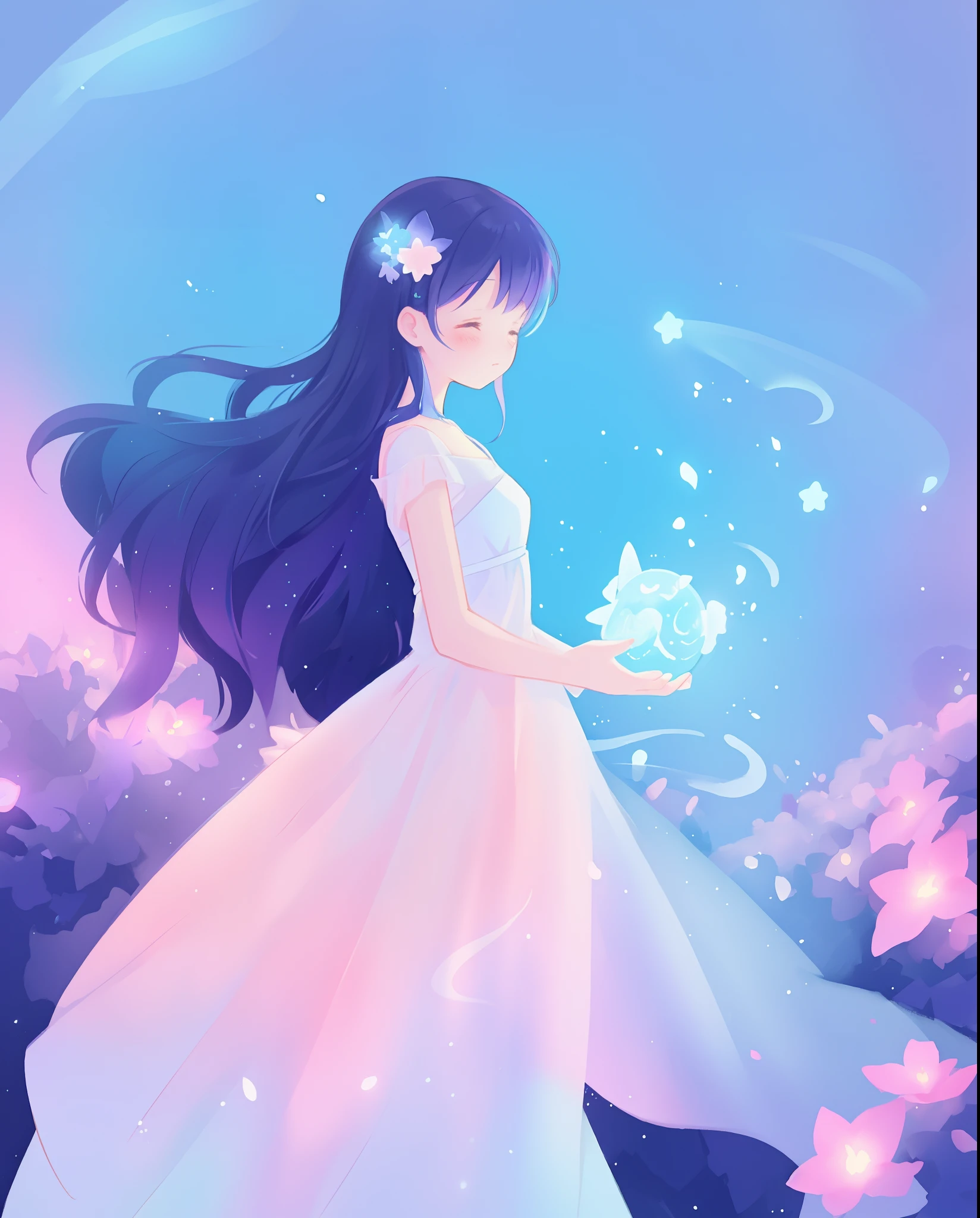 beautiful girl in puffy white ballgown, long dark hair, magical glowing blue lights coming from her hands, magical, whimsical, blue pink and purple colors, watercolor illustration, inspired by Glen Keane, inspired by Lois van Baarle, disney art style, by Lois van Baarle, glowing aura around her, by Glen Keane, jen bartel, glowing lights! digital painting, flowing glowing hair, glowing flowing hair, beautiful digital illustration, fantasia otherworldly landscape plants flowers, beautiful, masterpiece, best quality, anime disney style