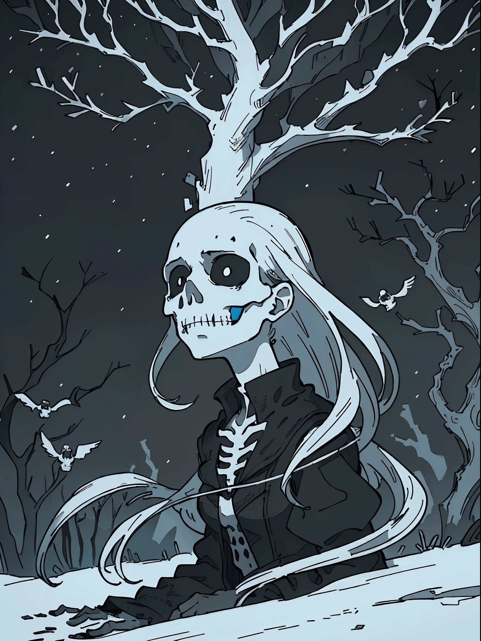 ((Best quality, 8K, Masterpiece: 1.4)),((Amazing detail: 1.3)),((illustration: 1.2)),((high resolution: 1.1)),A tree made up of skeletons,Black and white painting,Black and white illustration,Dark sky,Dark style,Dark fantasy,Horror,Detailed cover artwork,Snow,Delicate,