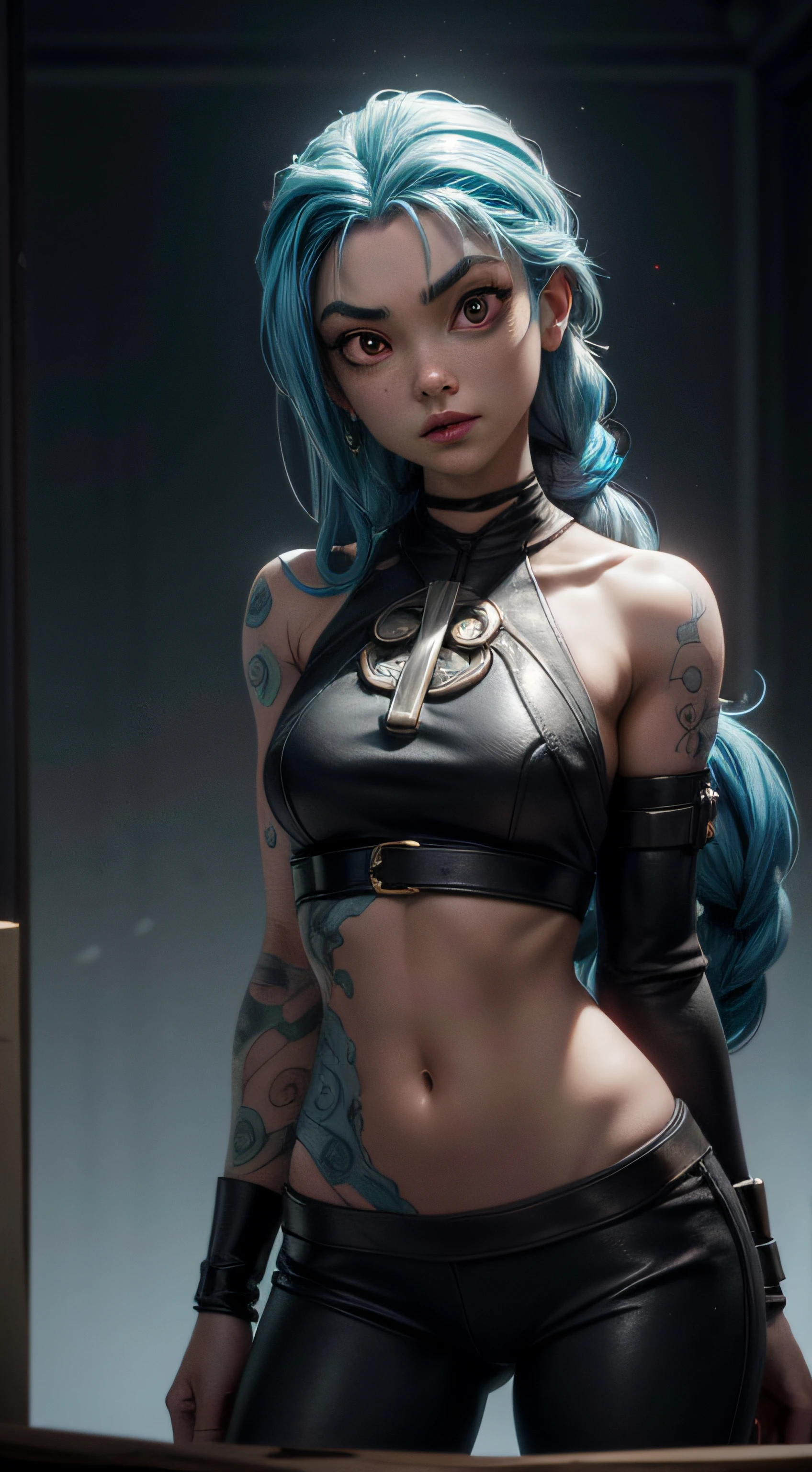 master part, melhor qualidade, Jinx de Arcane mostra-se com uma figura bastante esbelta e peito emaciado. Ela tem cabelos branco-azulados , She has long hair and big pale red eyes, gargantilha, (grafity:1.5), Splatter de tinta, arms behind back, contra a parede, Olhando para o Viewer, pulseira, tattoo on upper arm, head tilt, entediado,HDR (high dynamic range),ray tracing,NVIDIA RTX,Super-Resolution,Unreal 5, Subsurface scattering,PBR Texturing,Post-processing,anisotropic filtering,profundidade de campo,Maximum clarity and sharpness,texturas multicamadas,Mapas de albedo e especular,surface shading, Accurate simulation of light-material interaction,perfectly proportions,octan render,Two-tone lighting, ISO baixo,White balance,rule of thirds,wide aperature,8K BRUTO,Subpixel eficiente