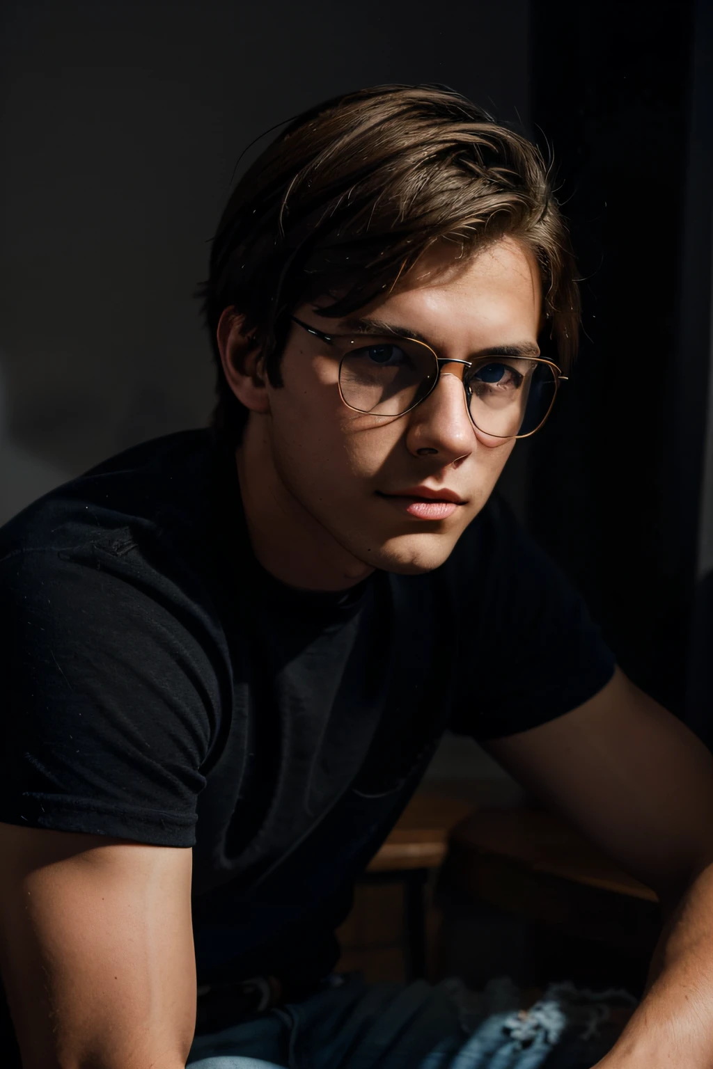 An 18-year-old boy with dark blond hair, blue eyes and aviator-style metal-rimmed glasses sits in a dark room