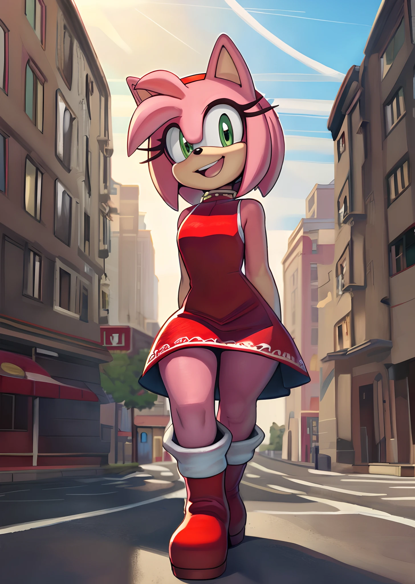 [Amy Rosa], [Sonic the hedgehog \(Series\)], [enviado para e621.rede; (Pixelsketcher), (WamuDraw), (napalm_expressar)], ((master part)), ((disco Rigido)), ((alta qualidade)), ((Apenas retrato)), ((Front view)), ((corpo inteiro)), ((Pelo detalhado)), ((sombreamento detalhado)), ((O Sombreamento)), ((arte render bonita)), ((detalhes intrincados)), {caverna, (figura fina), (Pelo cor-de-rosa), nariz preto, orelhas de animais, bonito olhos verdes, short hair, headband, cauda curta, (quadris lindos), (beautiful legs), (sorriso animado), (boca aberta)}, {(vestido vermelho curto forro branco), (red knee-high boots), (listras brancas nas botas)}, {(Standing), (arms behind back), (Dedo de pombo), (Olhando para o Viewer)}, [Background Story; (Cidade), (blue skies), (raios solares)]