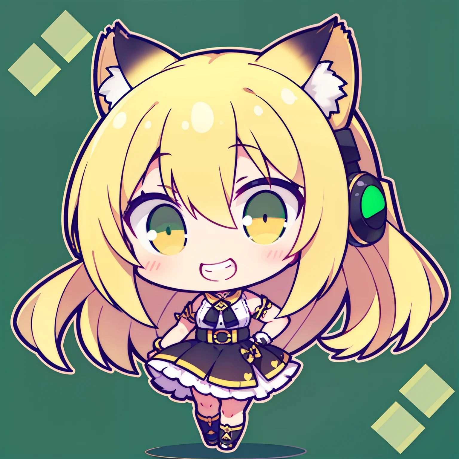 1girl,solo,happy,smile,teeth,closed mouth,white shirt,black skirt,blonde hair,long hair,yellow eyes,tiger ears,((chibi,full body,green background)),hd,masterpiece,8k,she has headphones,hands on waist