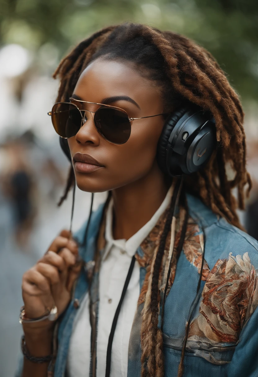 Perfect centralization, mouse bonito, Use uma jaqueta da equipe de estudantes da jamaica , wearing sunglasses, Usando fones de ouvido,cabelo dreads looks , alegria, Standing position, beleza abstrata, Centrado, looking at the camera, Facing the camera, nearing perfection, Dynamic, altamente detalhado, liso, foco nítido, 8k, high-definition resolution, illustration, arte de Carne Griffiths e Wadim Kashin, fundo branco