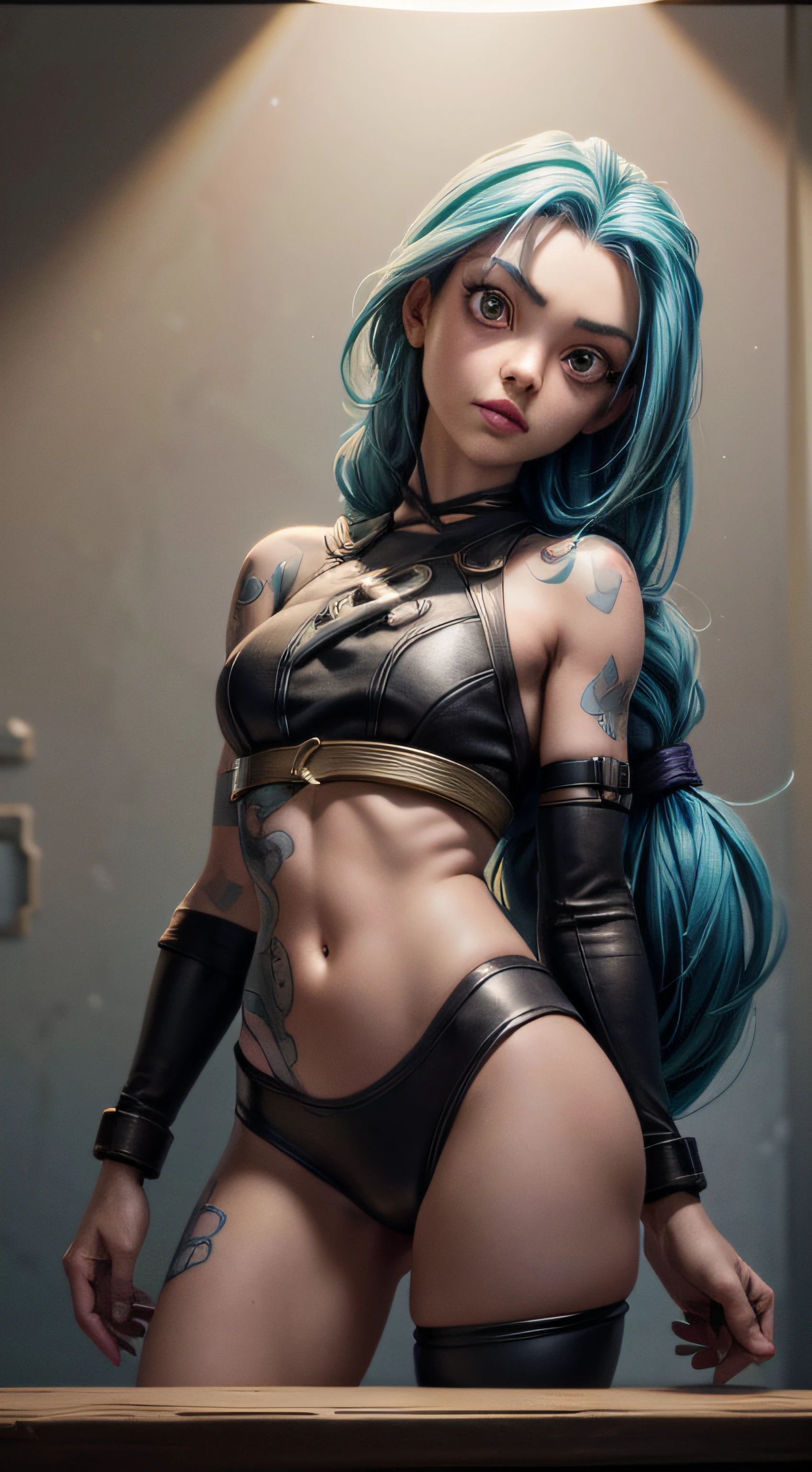 master part, melhor qualidade, Jinx de Arcane mostra-se com uma figura bastante esbelta e peito emaciado. Ela tem cabelos branco-azulados , She has long hair and big pale red eyes, gargantilha, (grafity:1.5), Splatter de tinta, arms behind back, contra a parede, Olhando para o Viewer, pulseira, tattoo on upper arm, head tilt, entediado,HDR (high dynamic range),ray tracing,NVIDIA RTX,Super-Resolution,Unreal 5, Subsurface scattering,PBR Texturing,Post-processing,anisotropic filtering,profundidade de campo,Maximum clarity and sharpness,texturas multicamadas,Mapas de albedo e especular,surface shading, Accurate simulation of light-material interaction,perfectly proportions,octan render,Two-tone lighting, ISO baixo,White balance,rule of thirds,wide aperature,8K BRUTO,Subpixel eficiente