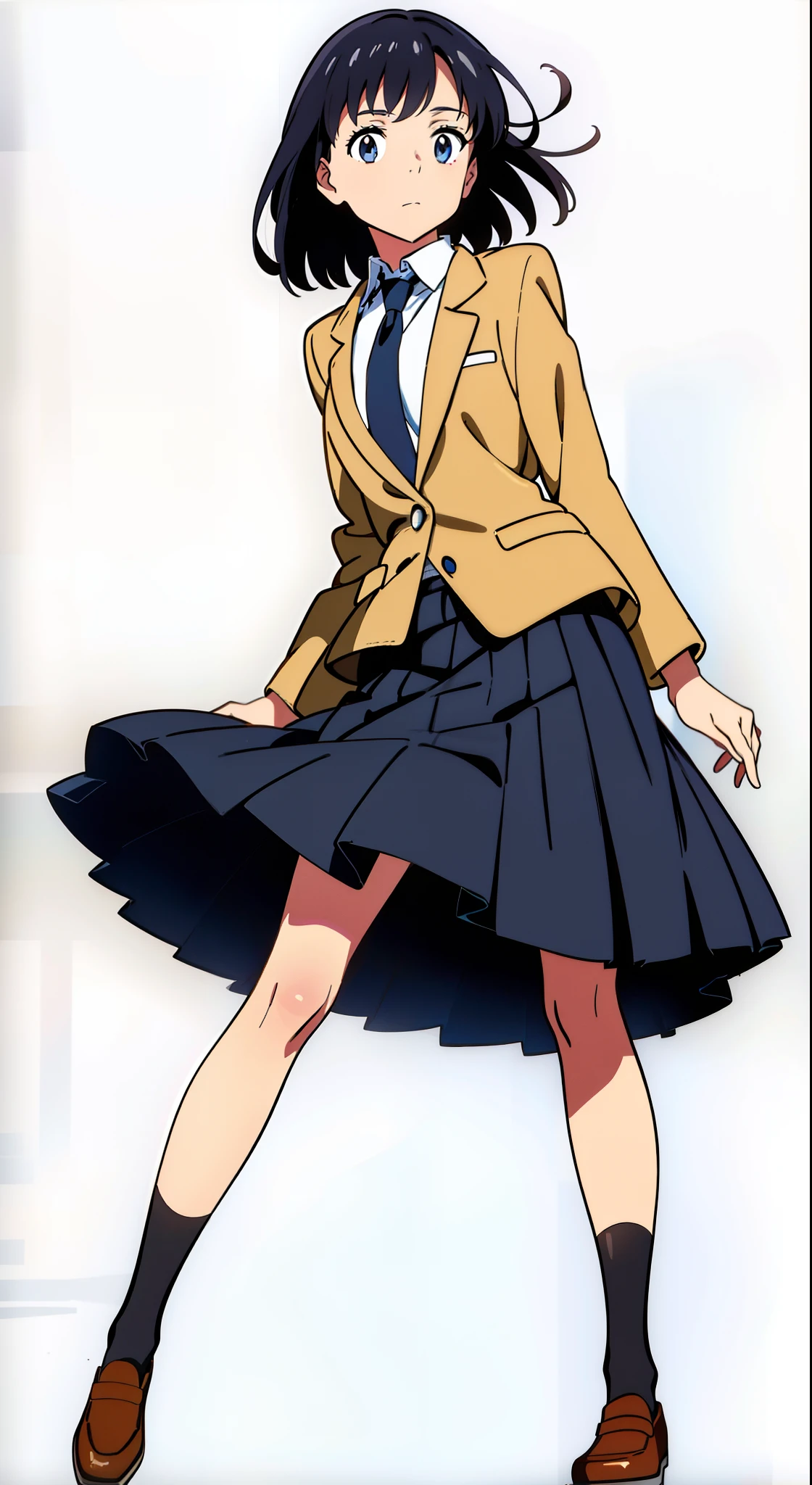 (wind:1.3), (white background:1.1), (best quality:1.2), (masterpiece:1.2), (full body:1.0), (solo:1.0), (a 18yo cute girl:1.0), (long skirt:1.0), (dark blue skirt:1.0), (pleated skirt:1.0), (school uniform beige blazer:1.0), (dark blue necktie:1.0), (black socks:1.0), (loafers:1.0), (lanky:1.1), (tall:1.1), (slender:1.1), (small breasts:1.1), (detailed beautiful eyes:1.0), (detailed beautiful face:1.0), (glowing black eyes:1.0), (short hair:1.0), (strait hair:1.0), (black hair:1.0)