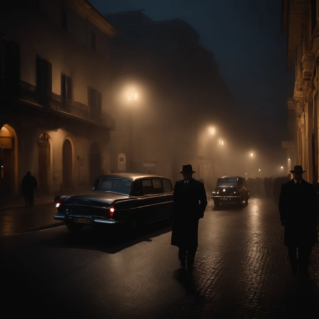 A young Fit, but blind man walks car fully downed the street of a post war city in ruins tapping his cane as he walks in a greyscale world without colour except for his bright blue blind eyes