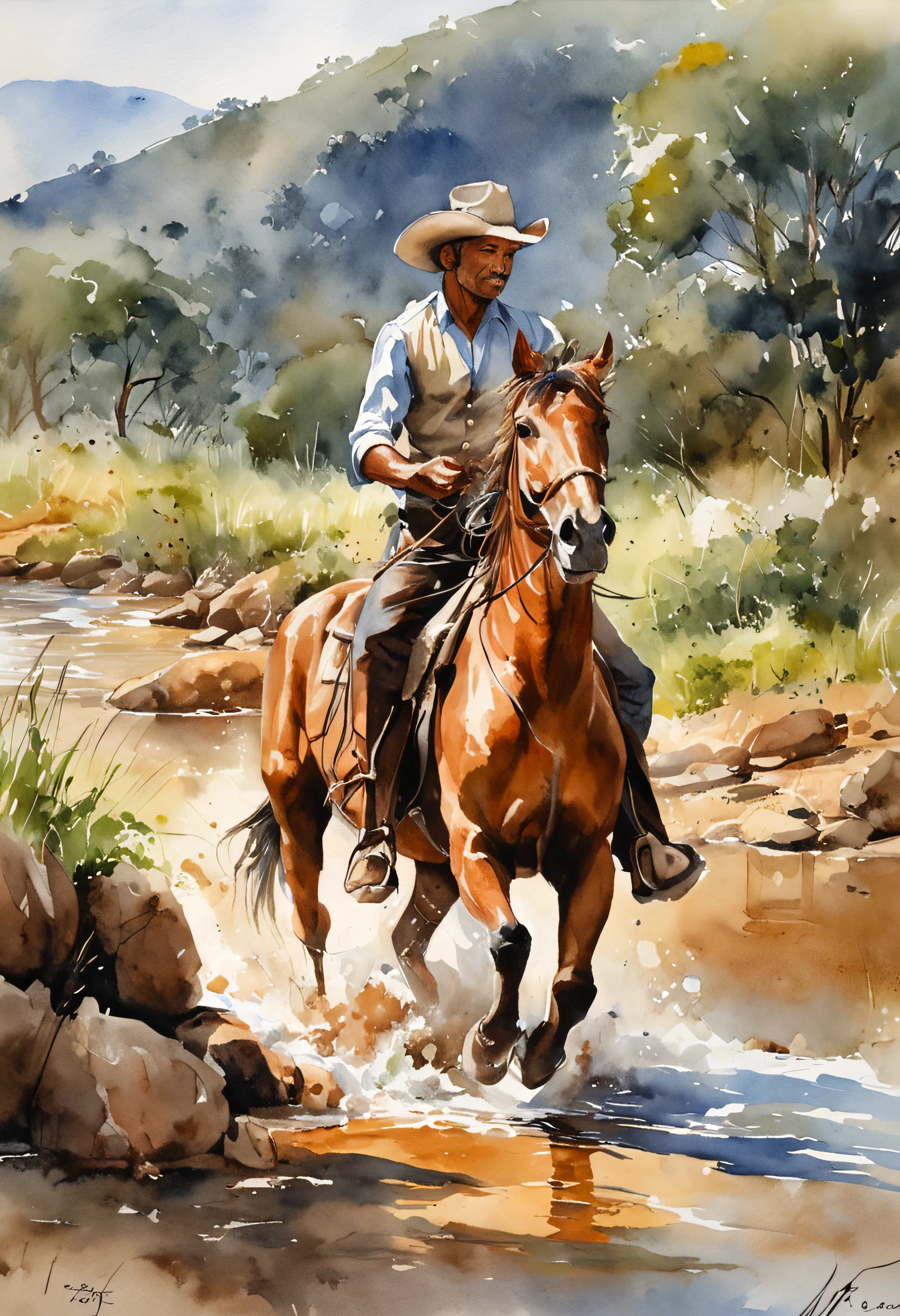 ha um homem montado em um cavalo em frente a uma paisagem de pedras por onde corre um rio de aguas cristalinas (homem no estilo cowboy ) homem cavalo de costas em perfil para quem ve