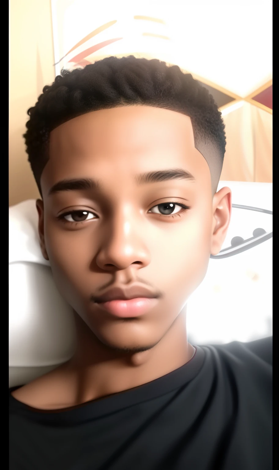 Creates an image of a young black age man in cartoon and abstract art, with taper fade hairstyle and no mustache but add pimples