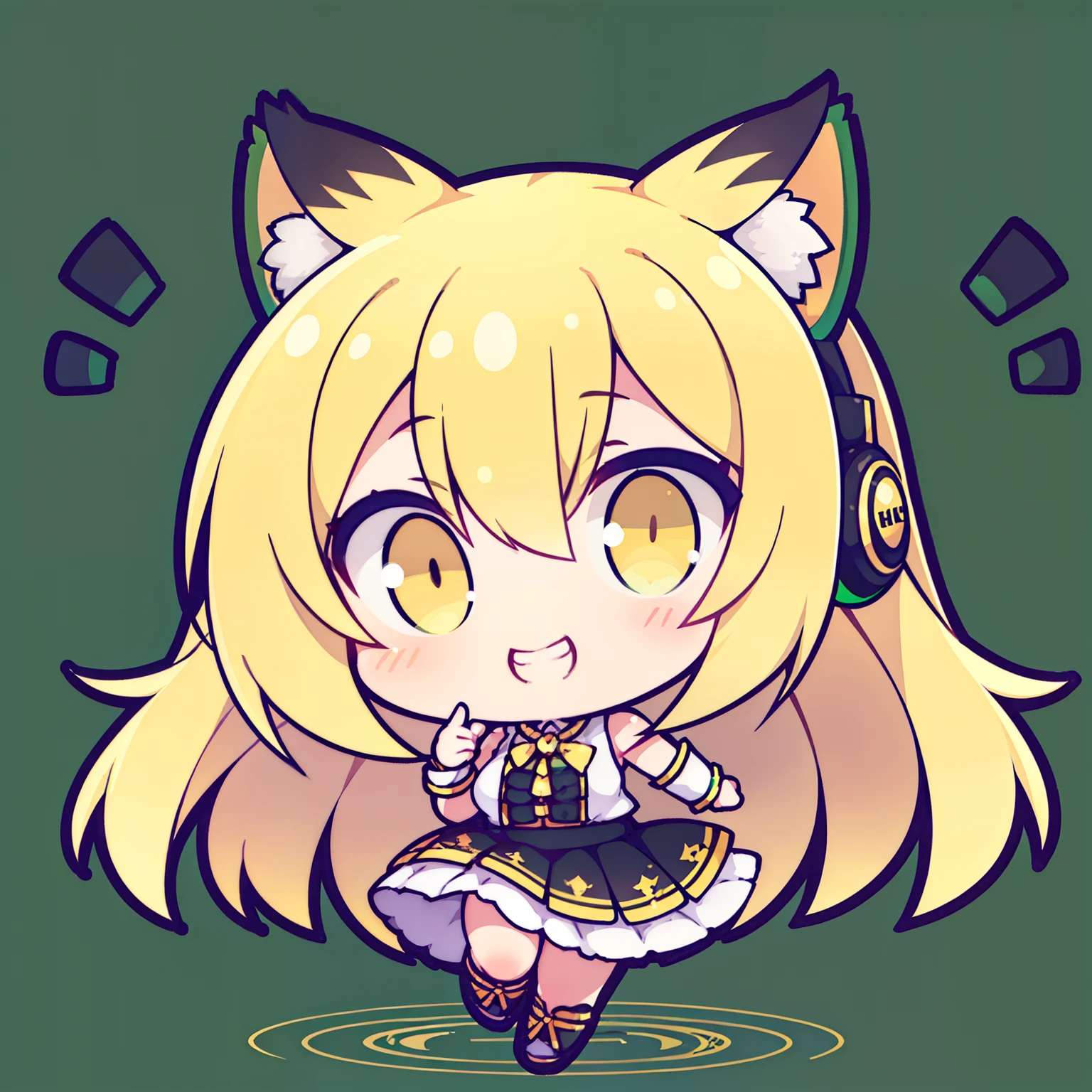 1girl,solo,happy,smile,teeth,closed mouth,white shirt,black skirt,blonde hair,long hair,((yellow eyes)),tiger ears,((chibi,full body,green background)),hd,masterpiece,8k,she has headphones,hands on waist