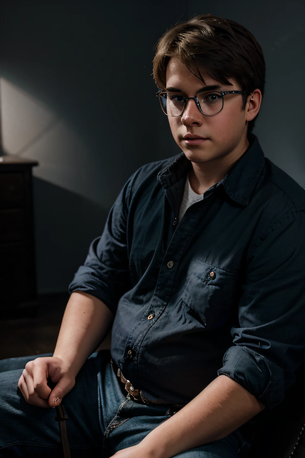 slightly chubby 18-year-old boy with dark blond hair, blue eyes and aviator-style metal-rimmed glasses sits in a dark room