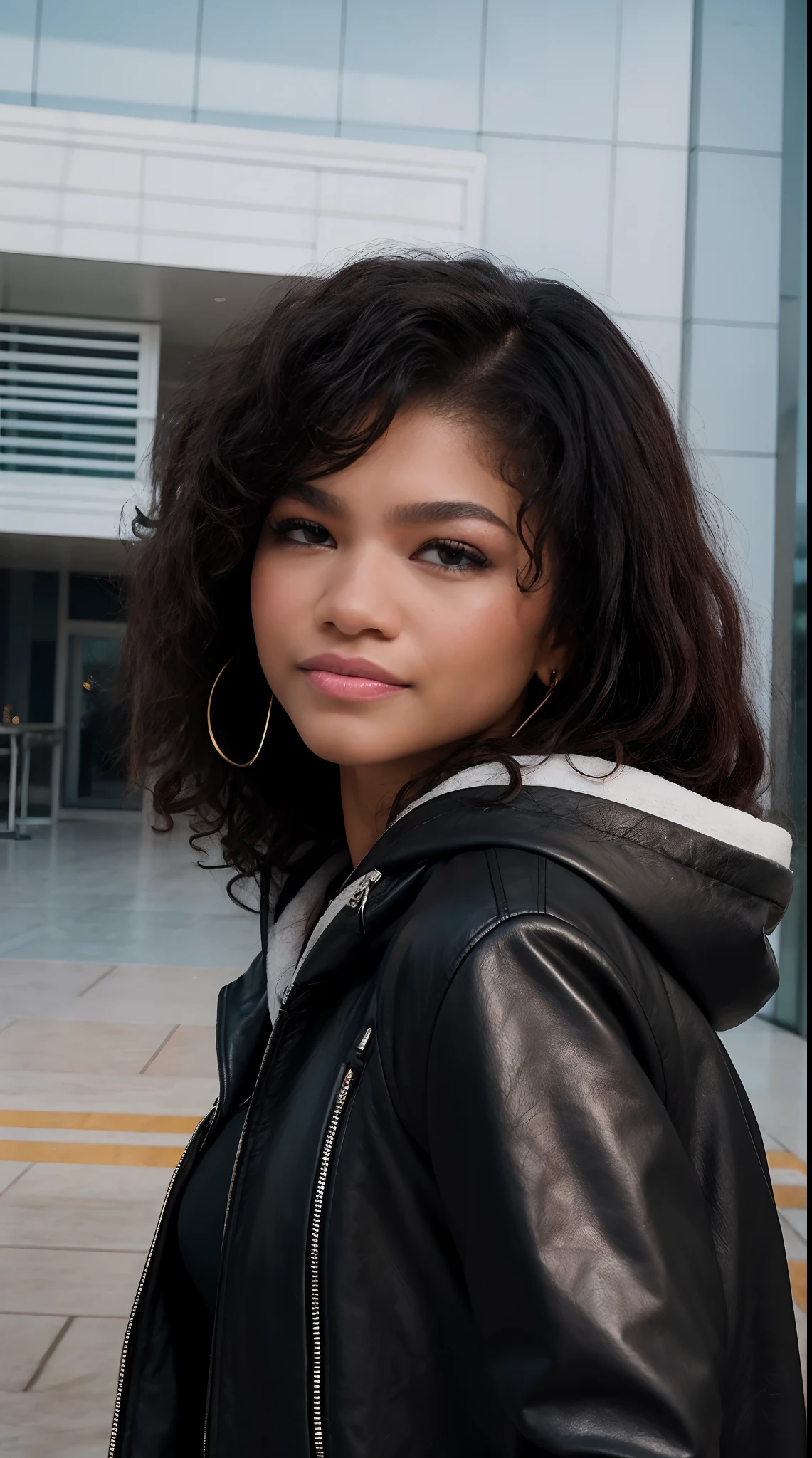 black hair, curly hair, hood, crazy eyes, earrings, licking lips, evil smile, black hair, curly hair, hood, crazy eyes, earrings, angry, shy, tongue, licking lips, evil smile, cinematic lighting, blending, drop shadow, cinematic lighting, blending, drop shadow, UHD, masterpiece, textured skin, best quality, 4K, UHD, masterpiece, textured skin, best quality, 4K, zendaya.