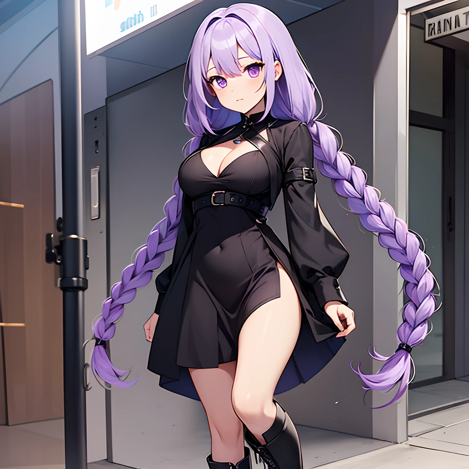 A girl, light purple hair, 2 braids, purple eyes, black dress with cleavage, black boots