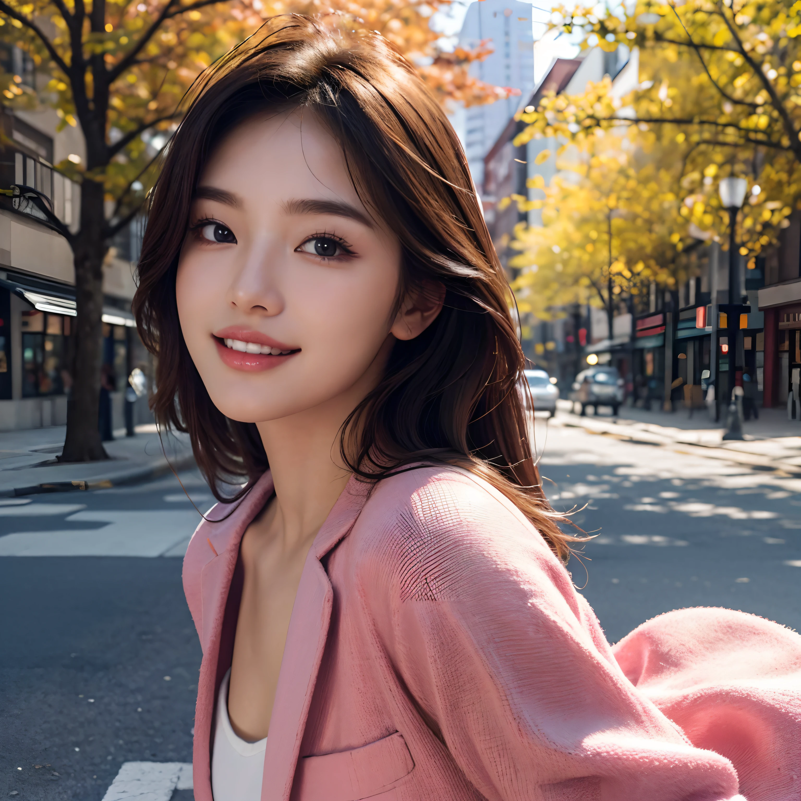(Best quality,16k,A high resolution,Masterpiece:1.2),Ultra-detailed,(Realistic,Photorealistic,photo-realistic:1.37),Korean fashion beauty,Japanese and Korean beauties,cute and innocent,Detailed eyes and face,beautiful detailed lips,Long eyelashes,slimification,fashionable, big smile with teeth, (Lovely,Charming:1.1), falling leaves, autumn street background,Stylish clothes and accessories, Vivid colors,Street lights