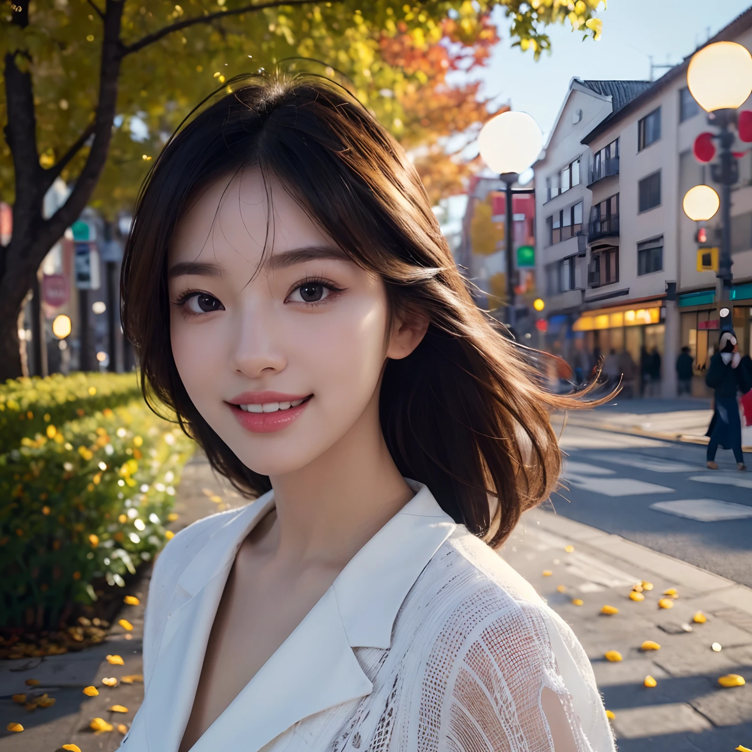 (Best quality,16k,A high resolution,Masterpiece:1.2),Ultra-detailed,(Realistic,Photorealistic,photo-realistic:1.37),Korean fashion beauty,Japanese and Korean beauties,cute and innocent,Detailed eyes and face,beautiful detailed lips,Long eyelashes,slimification,fashionable, big smile with teeth, (Lovely,Charming:1.1), falling leaves, autumn street background,Stylish clothes and accessories, Vivid colors,Street lights