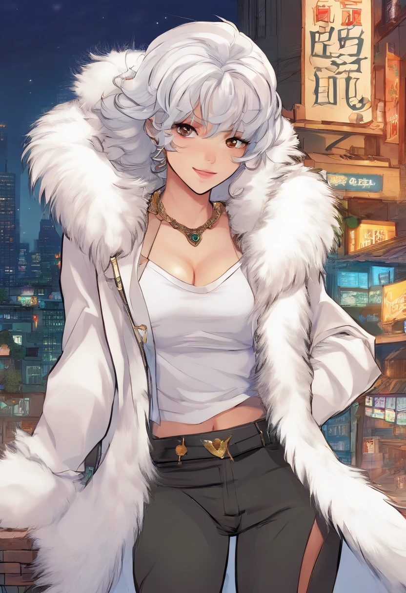 {Best Quality}, {{Masterpiece}}, {hight resolution}, Extremely detailed girl, 独奏, ((((mature female)))), big breastes, (((dark skin))), (((white shirt))), extra very long hair, white colored hair, golden eyes, blunt bangs, Seduction Smile, Standing, (((((white fur jacket))))), {{{{{{{{rooftop}}}}}}}}, Sateen, night time, Black pants,
