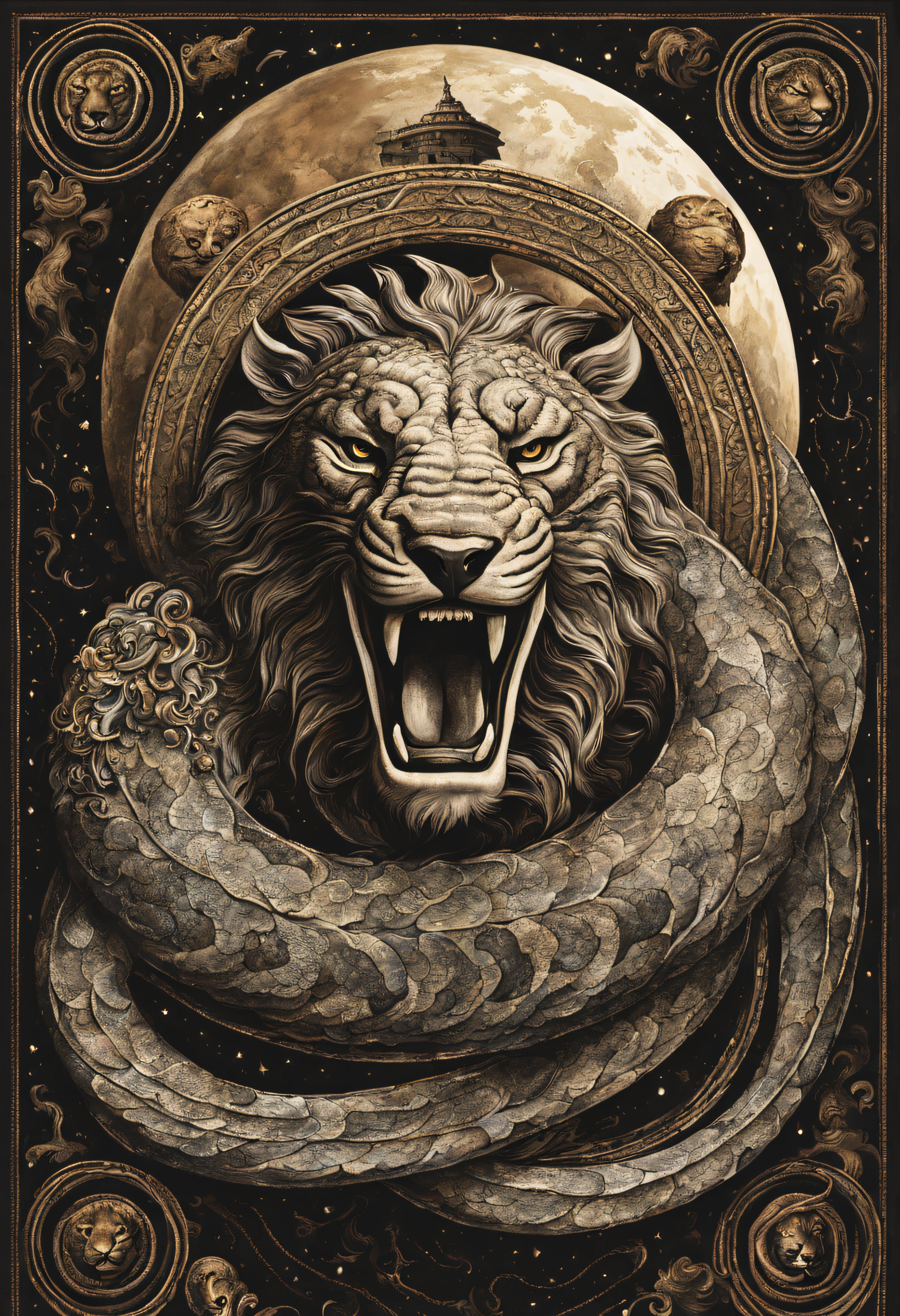 serpent with a lion's head coiled around planet earth