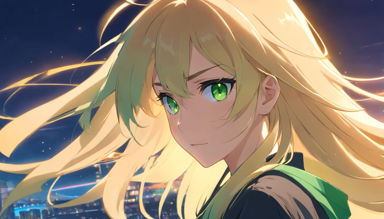 Blonde long hair girl with green eyes black anime bull clothes