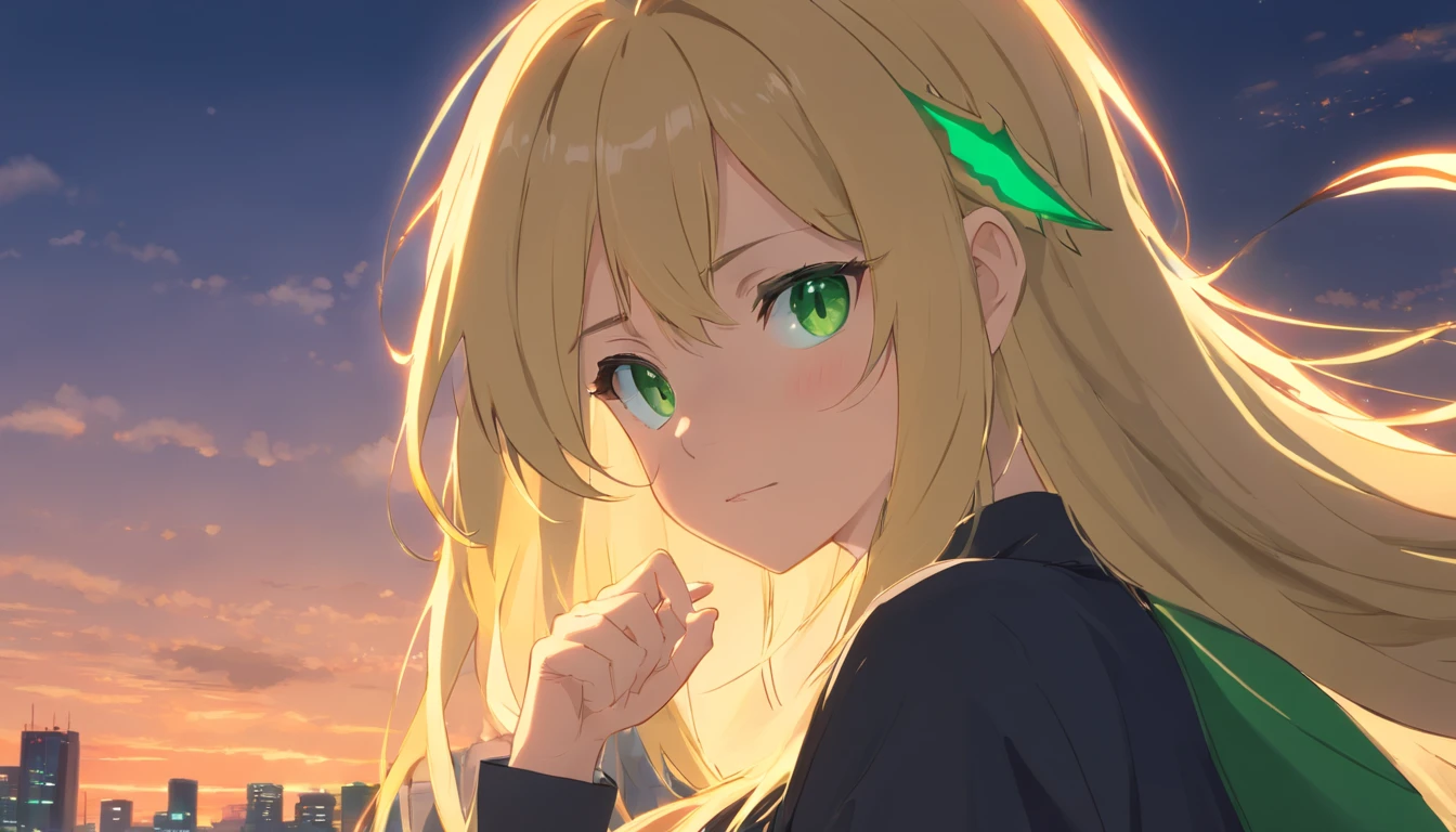 Blonde long hair girl with green eyes black anime bull clothes