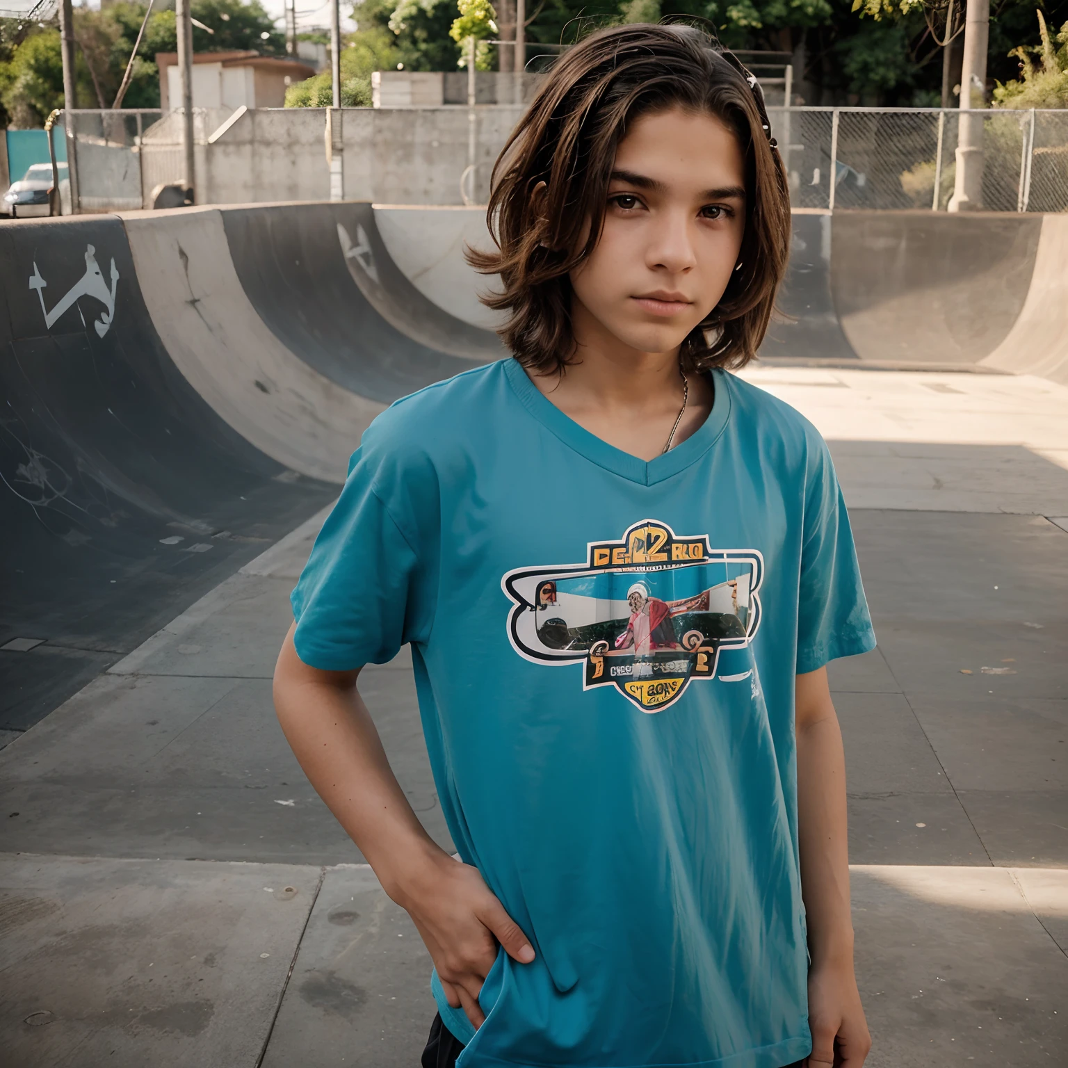 de 12 anoabelo muito comprido, cabelo castanho, com skate, com capacete de skate, em uma skatepark, sem tatuagem, estilo cartoon, cabelo encaracolado, estilo skatista