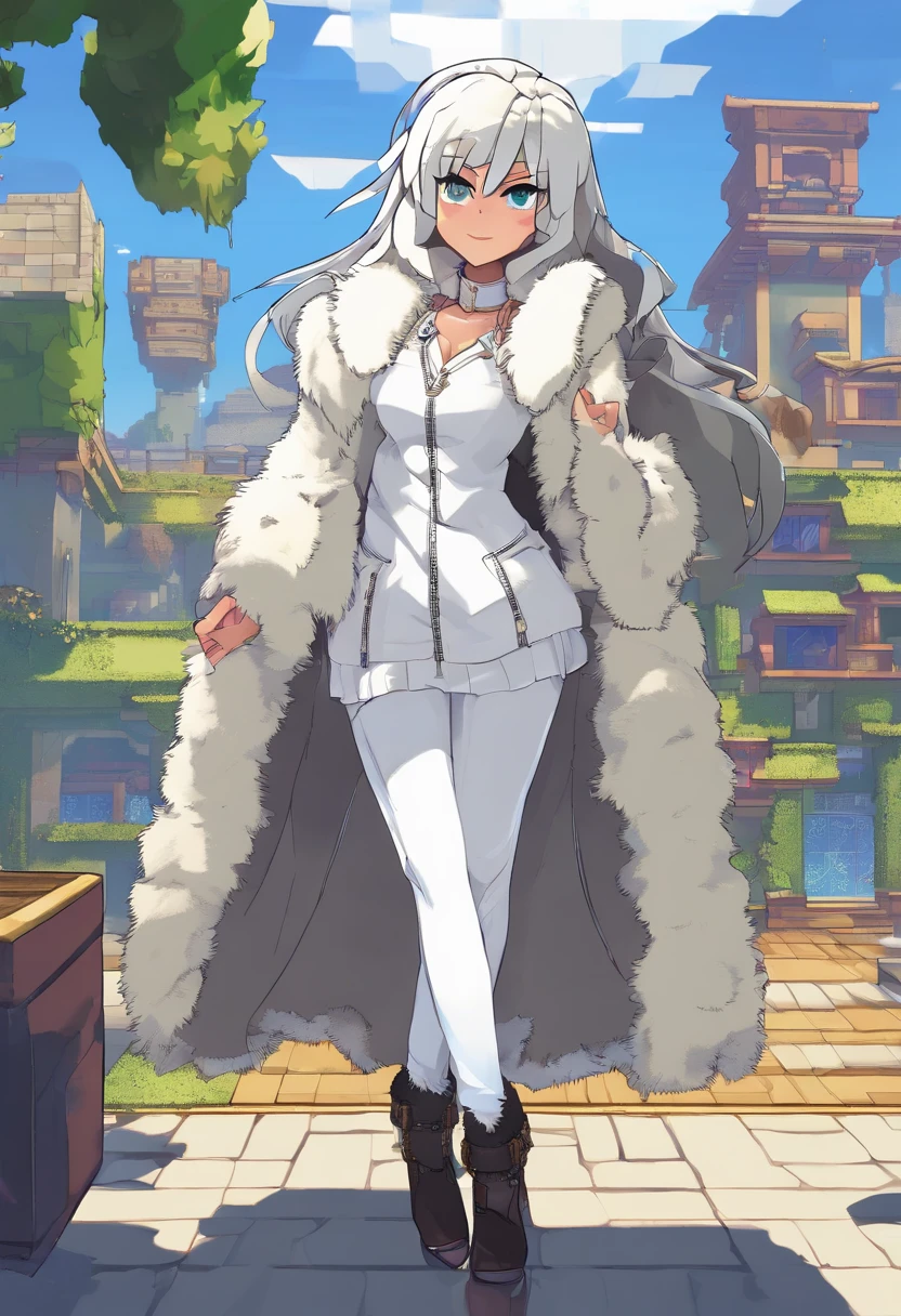 {Best Quality}, {{Masterpiece}}, {hight resolution}, Extremely detailed girl, 独奏, ((((mature female)))), big breastes, (((dark skin))), (((white shirt))), extra very long hair, white colored hair, golden eyes, blunt bangs, Seduction Smile, Standing, (((((white fur jacket))))), {{{{{{{{rooftop}}}}}}}}, Sateen, night time, Black pants,