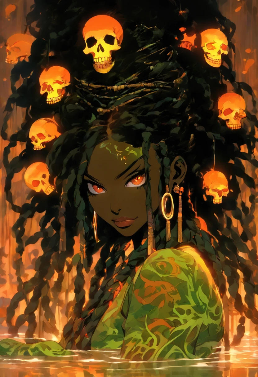 ((masterpiece:1.4, best quality:1.2)), a voodoo priestess, swamp, dreadlocks, skulls, artwork portrait, adam hughes, sexy, erotic.