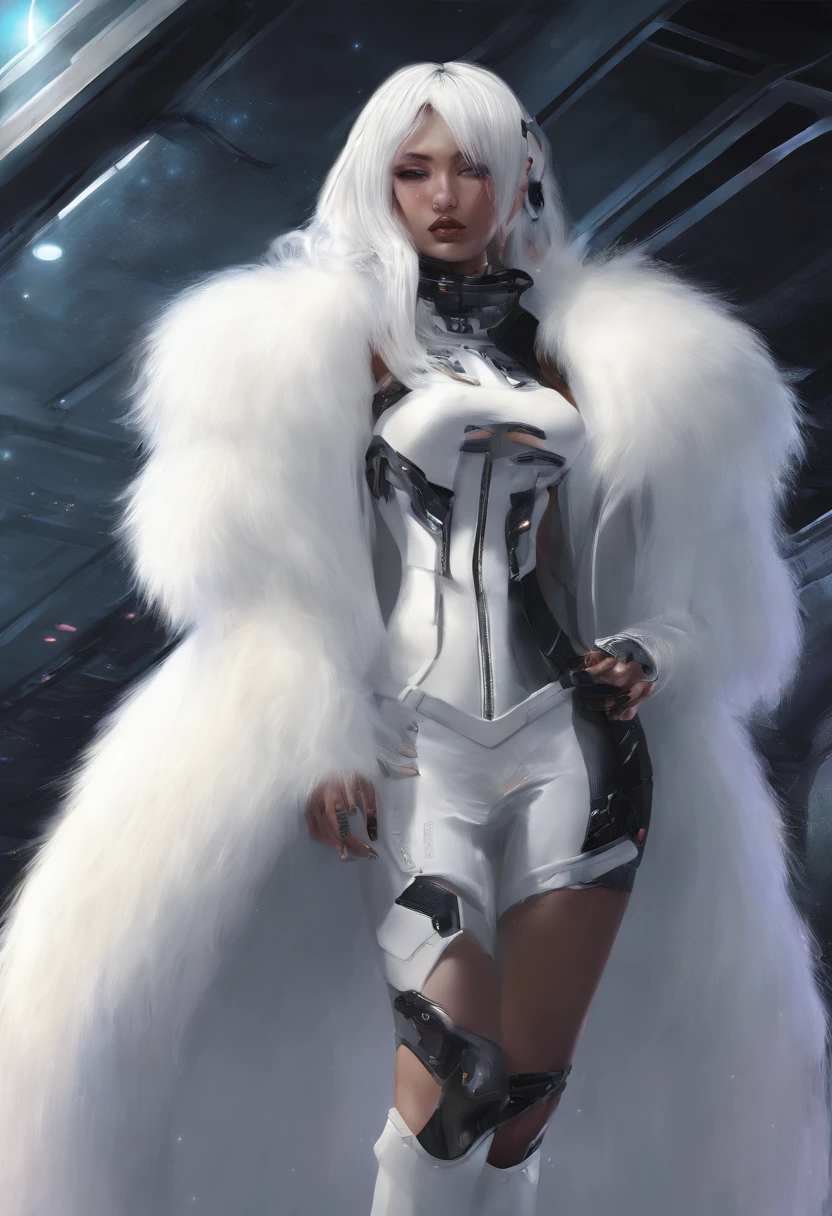 {Best Quality}, {{Masterpiece}}, {hight resolution}, Extremely detailed girl, 独奏, ((((mature female)))), big breastes, (((dark skin))), (((white shirt))), extra very long hair, white colored hair, golden eyes, blunt bangs, Seduction Smile, Standing, (((((white fur jacket))))), {{{{{{{{rooftop}}}}}}}}, Sateen, night time, Black pants,
