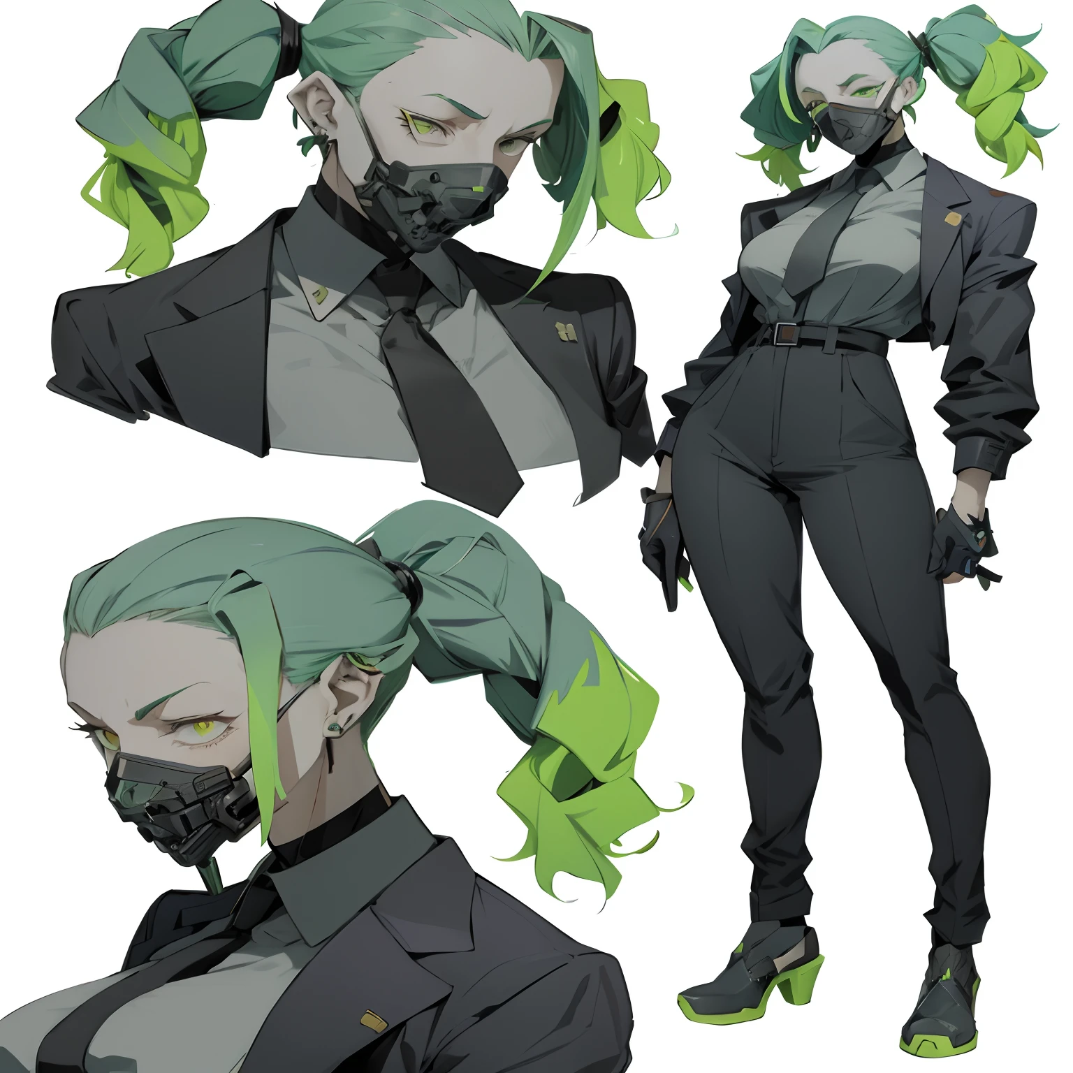 Close-up of a man with green hair and in a suit, official character art, Interesting character design, ( ( character concept art ) ), detailed anime character art, The Art of Character Design, great character design, Valorant character, Cyberpunk character design, anime character design, Lucio as a woman, Character illustrations, anime character art, [ Character design ], Pure concept art