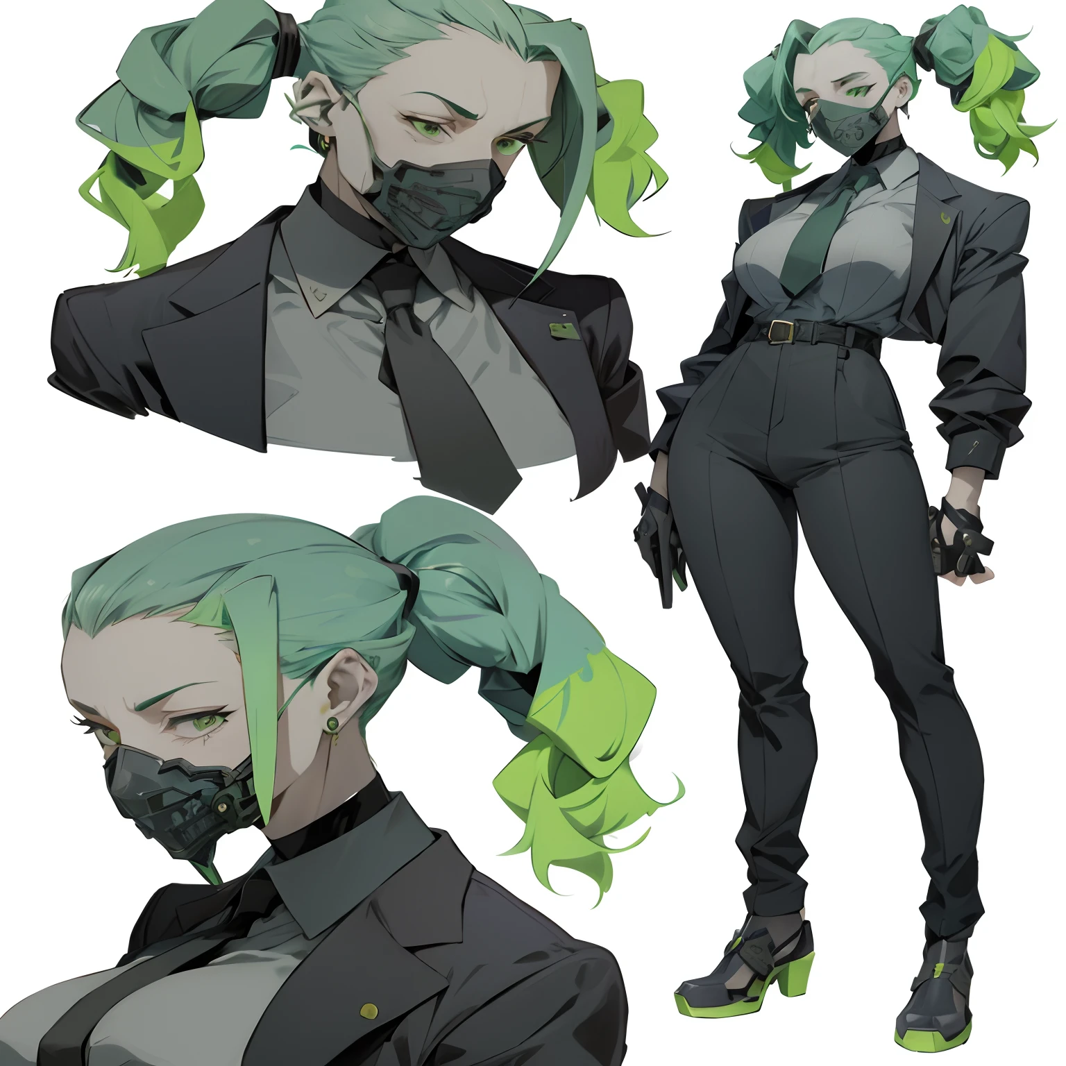 Close-up of a man with green hair and in a suit, official character art, Interesting character design, ( ( character concept art ) ), detailed anime character art, The Art of Character Design, great character design, Valorant character, Cyberpunk character design, anime character design, Lucio as a woman, Character illustrations, anime character art, [ Character design ], Pure concept art