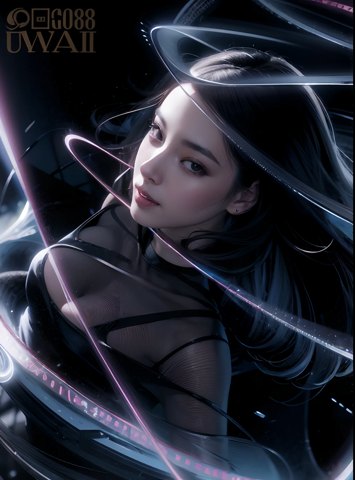 (Best quality, 8k, 32k, Masterpiece, UHD:1.2), Photo of Pretty Japanese woman, large breasts, very short bob hair, Black Hair, portrait, light raws, energy, swirls, energy swirls