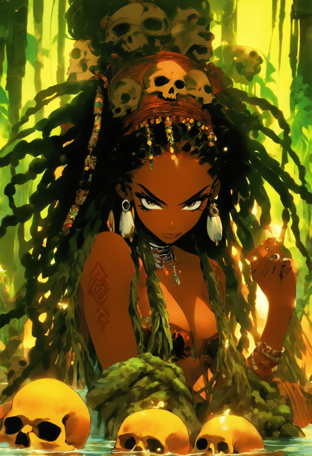 ((masterpiece:1.4, best quality:1.2)), a voodoo priestess, swamp, dreadlocks, skulls, artwork portrait, adam hughes, sexy, erotic.