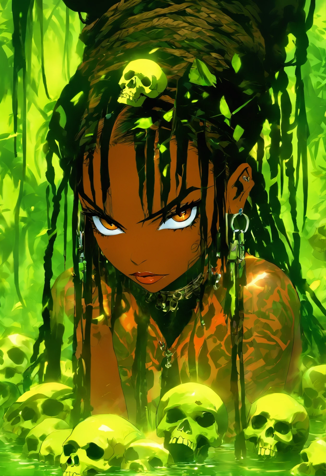 ((masterpiece:1.4, best quality:1.2)), a voodoo priestess, swamp, dreadlocks, skulls, artwork portrait, adam hughes, sexy, erotic.