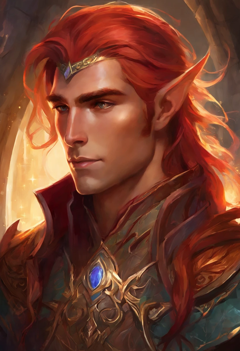 (hyper-realistic digital illustration), (perfect face:1.1), (high detail:1.1) like renaissance art, one extremely handsome male elf wearing micro orange g-string, mage long red robes, clean shaved, front view, lying on his back, holding legs raised, athletic body, (white skin), bare chest, flat chest,(long orange hair scruffy ), serene expression, small waist, muscular. best quality, high-resolution
