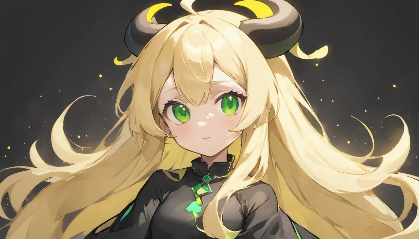 Blonde long hair girl with green eyes black anime bull clothes