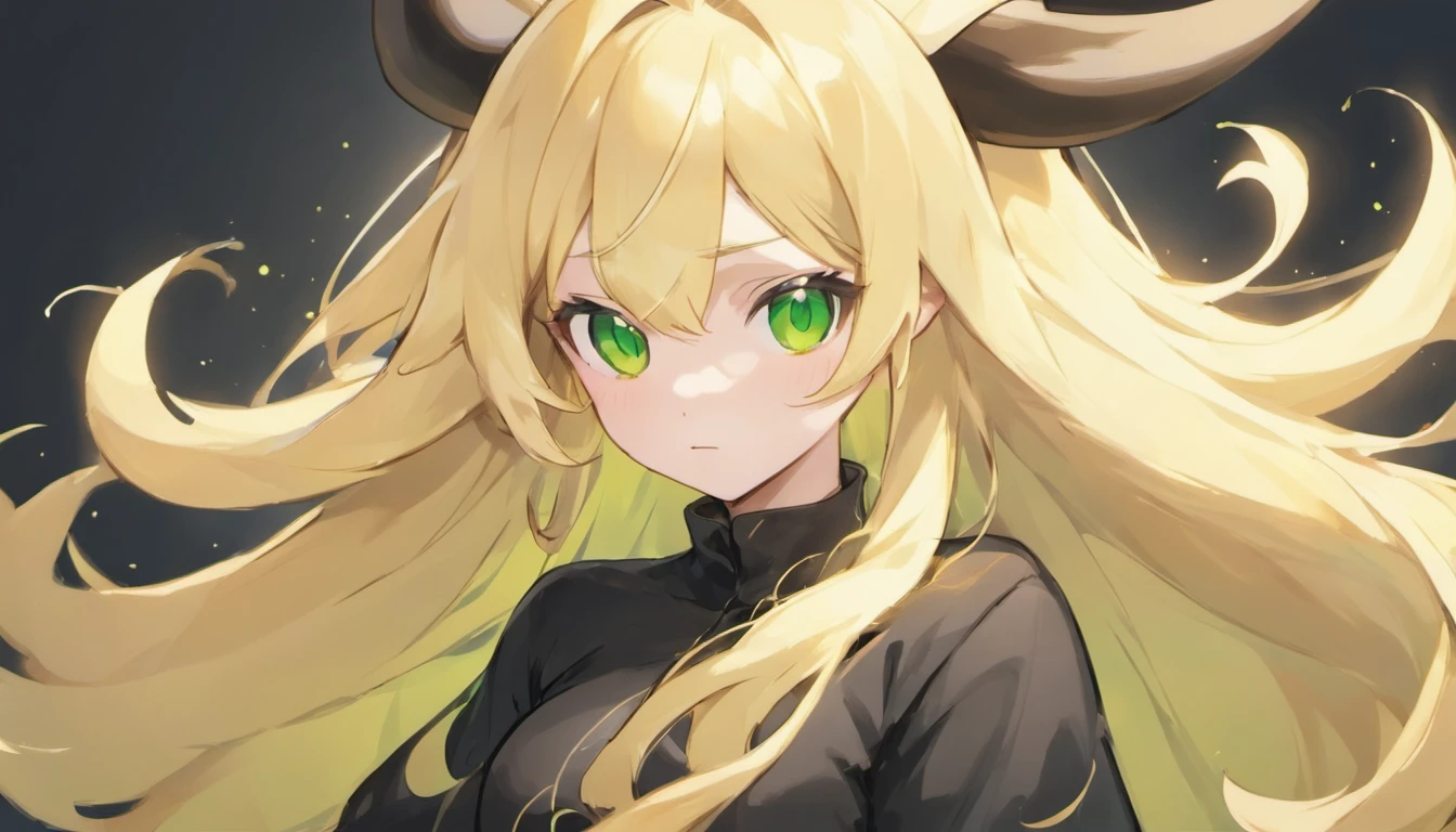 Blonde long hair girl with green eyes black anime bull clothes