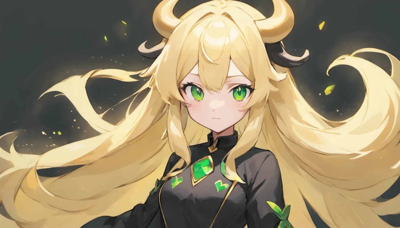 Blonde long hair girl with green eyes black anime bull clothes