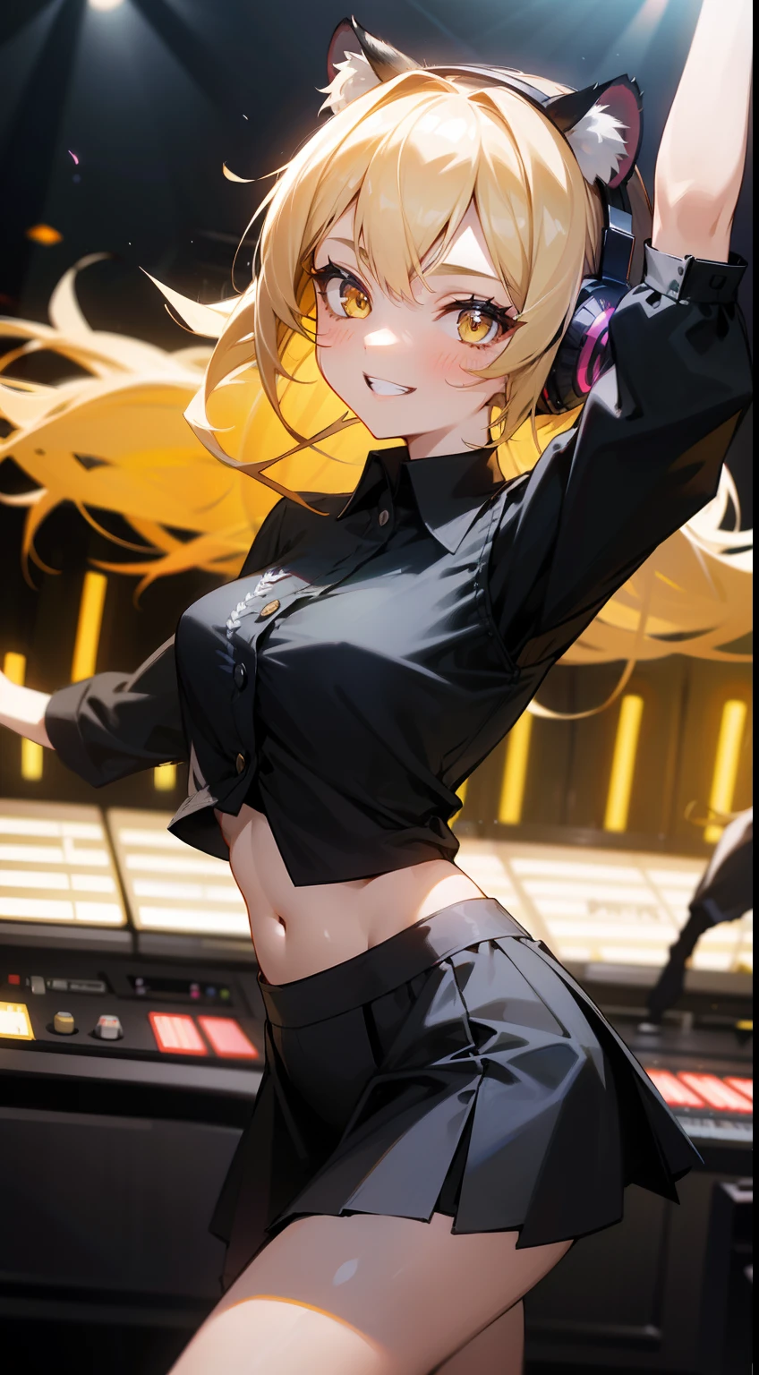 1girl ,20s,happy face,smile,teeth,black shirt,black skirt,black panthyrose, medium tits,blonde hair,long hair,yellow eyes,tiger ears,((dancing in a music Studio)),cowboy shot,she has headphone