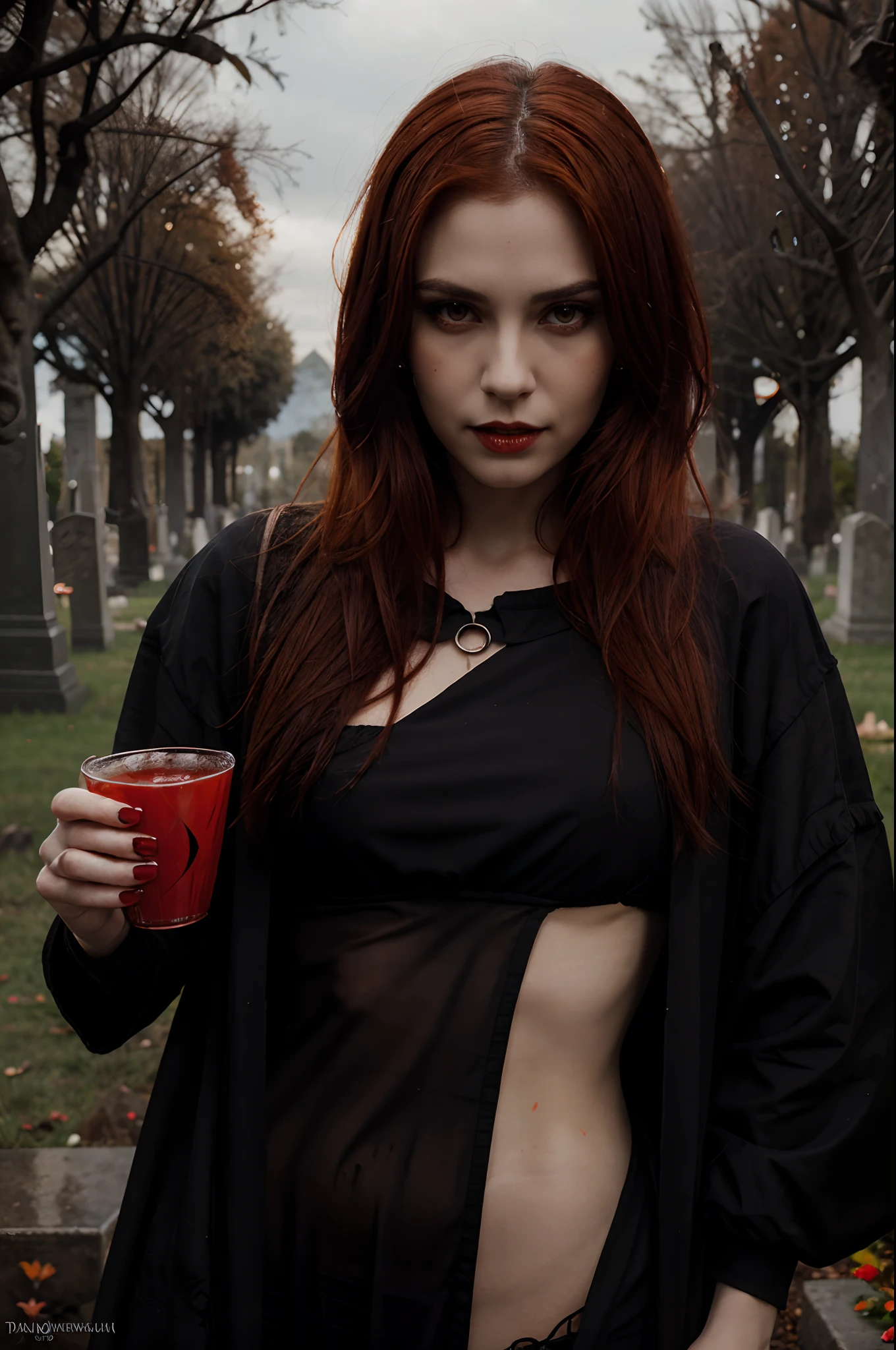 a female vampire with fang, dark orange-red hair, blood cup, dark fantasy, cemetery background, tom bagshaw