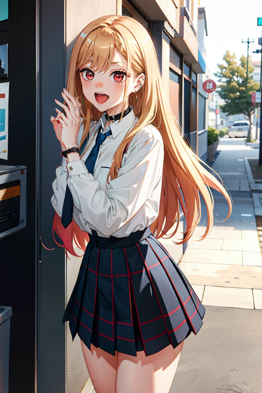 1girl,  Marin Kitagawa, long hair, blonde hair, red eyes, piercing, earrings, ear piercing, stud earrings, black choker, loose necktie,  school uniform, white collared shirt, (blue skirt:1.1), pleated skirt, plaid skirt, bead bracelet, wrist scrunchie, long fingernails, open mouth, smile, black socks, brown footwear,, (masterpiece:1.2), highres, best quality, 8k, very clear,