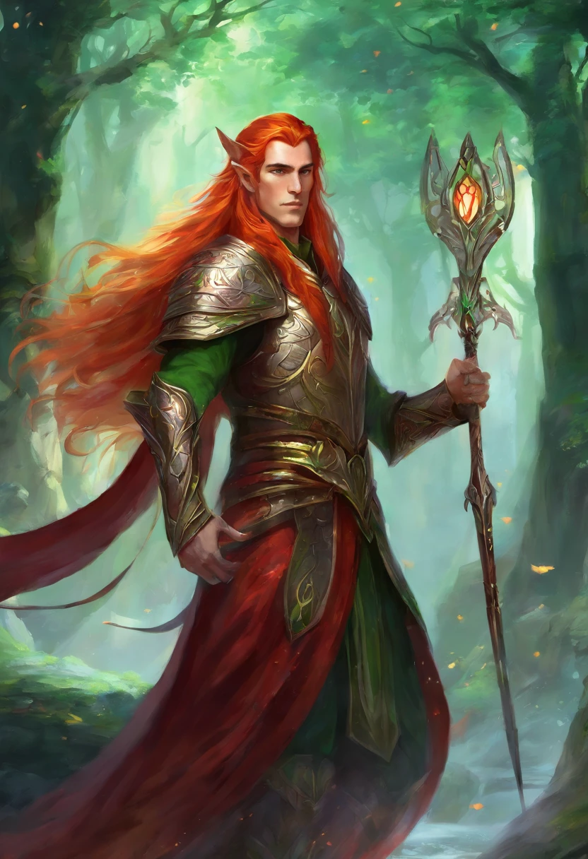 high elf male, long crimson red hair, green eyes, elven robe, elven armor, dungeons and dragons, fantasy forest, masterpiece