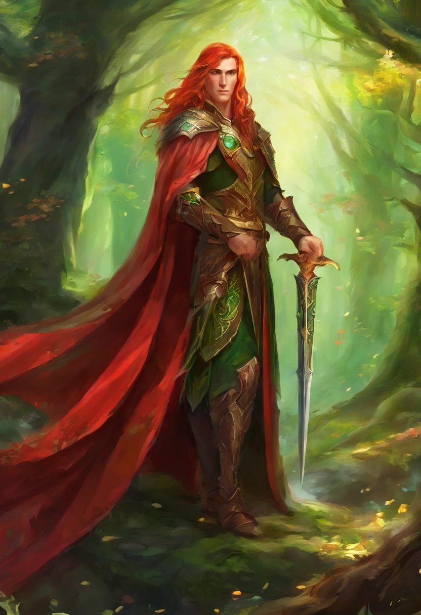 high elf male, long crimson red hair, green eyes, elven robe, elven armor, dungeons and dragons, fantasy forest, masterpiece