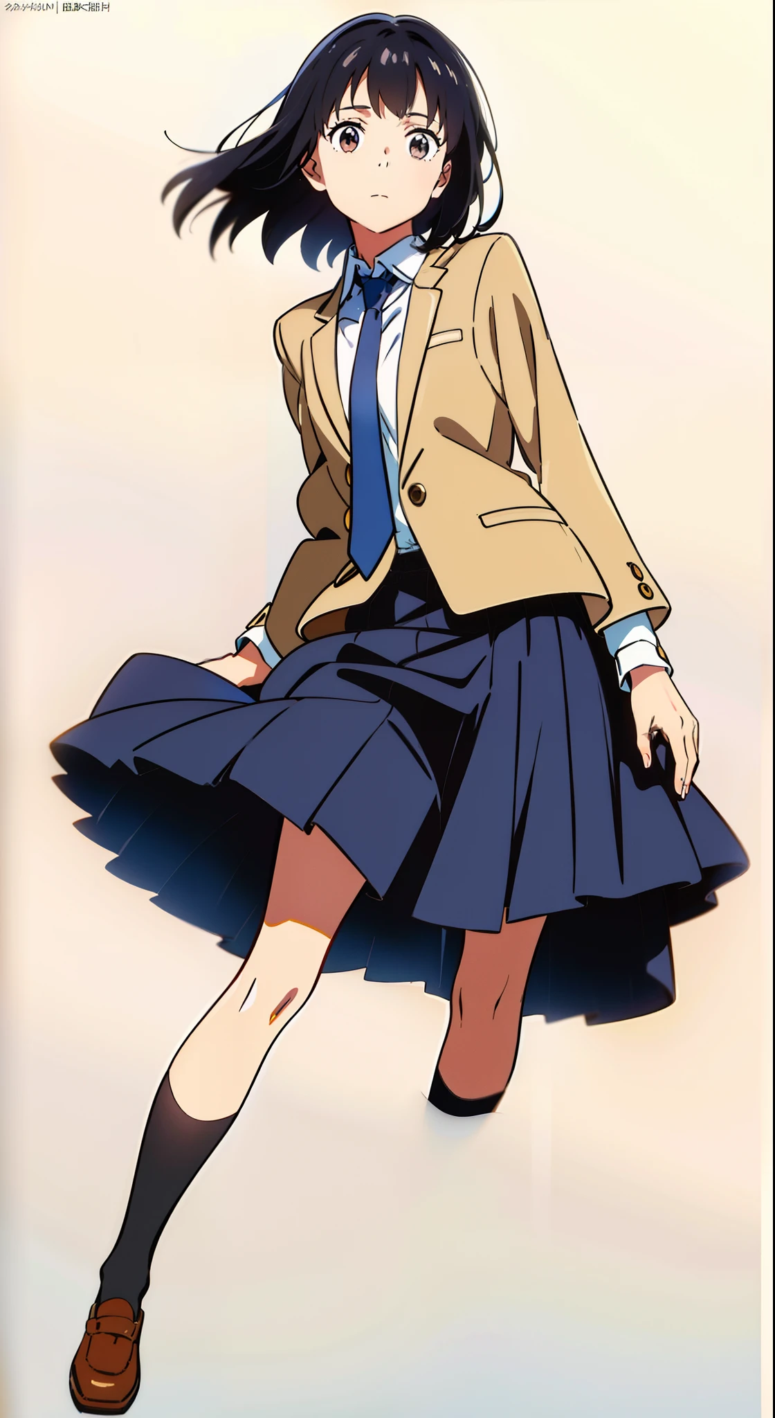 (wind:1.2), (white background:1.1), (best quality:1.1), (masterpiece:1.1), (full body:1.0), (solo:1.0), (a 18yo cute girl:1.0), (long skirt:0.9), (dark blue skirt:1.0), (pleated skirt:1.0), (school uniform beige blazer:1.0), (dark blue necktie:1.0), (black socks:1.0), (loafers:1.0), (lanky:1.1), (tall:1.1), (slender:1.1), (small breasts:1.1), (detailed beautiful eyes:1.0), (detailed beautiful face:1.0), (glowing black eyes:1.0), (short hair:1.0), (strait hair:1.0), (black hair:1.0)