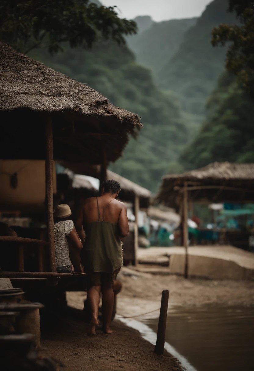 Pai pensativo, beira de um rio