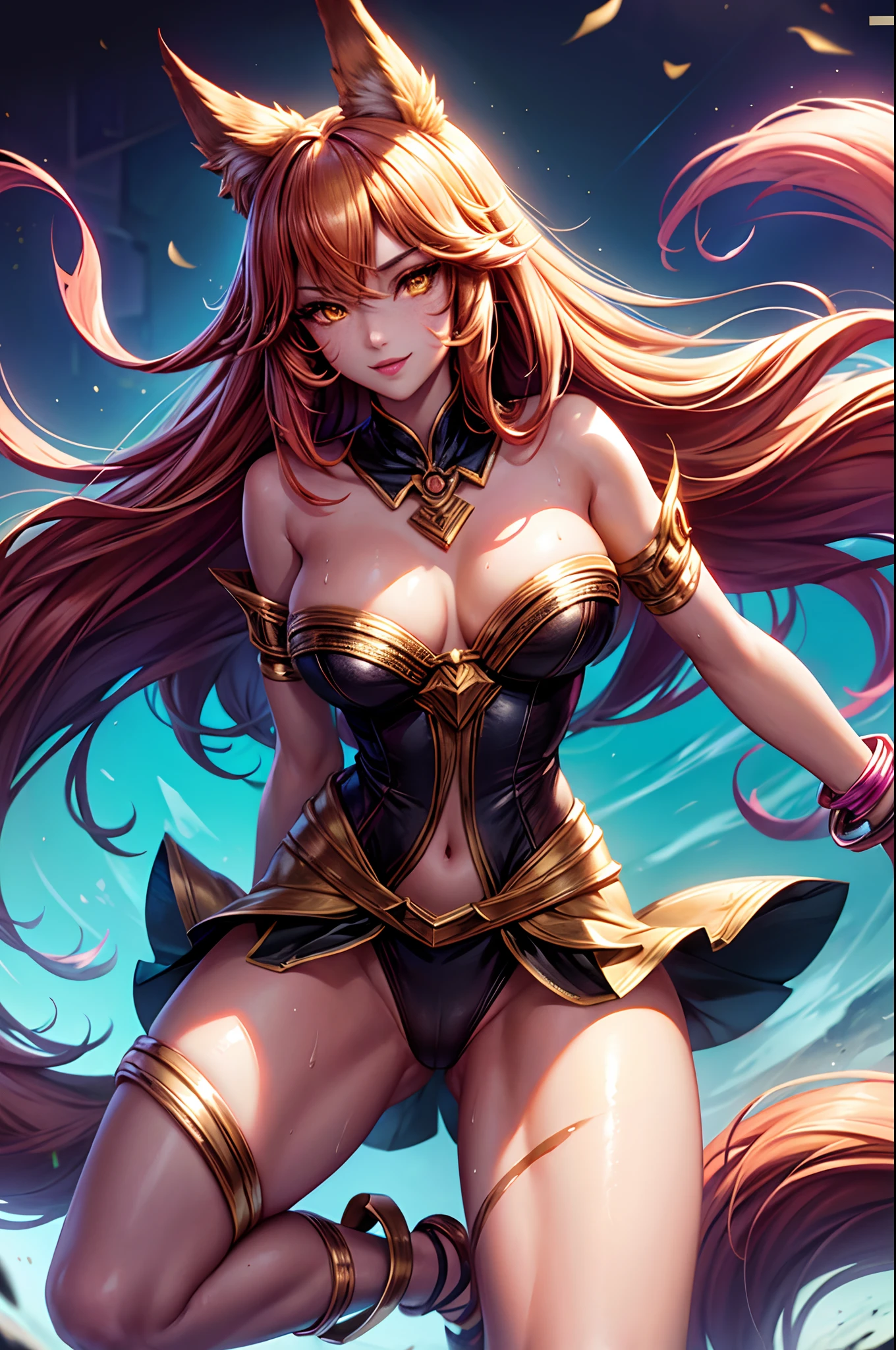 ahri,animal_ears,fox_ears,fox_girl,kitsune,multiple_tails,multipletails, whisker markings, long hair, facial mark, yellow eyes, shiny
skinny hourglass figure solo focus deomoness, high quality, best quality, waterfcolor, medium, formal art, beautiful and aesthetic, fractal art, , colorful hair,starry, beautiful detailed eyes, small waist, huge breasts, legs apart, panties, neck ring, armlet, bracelet, thighlet, spread legs, full body, anklet, sweat, arm up,golden ratio, glitter pupil, complex details, exquisitedetails,8k,high saturation,vivid contrast, maximalism, best impact, sexy smile, absurdres,dark background