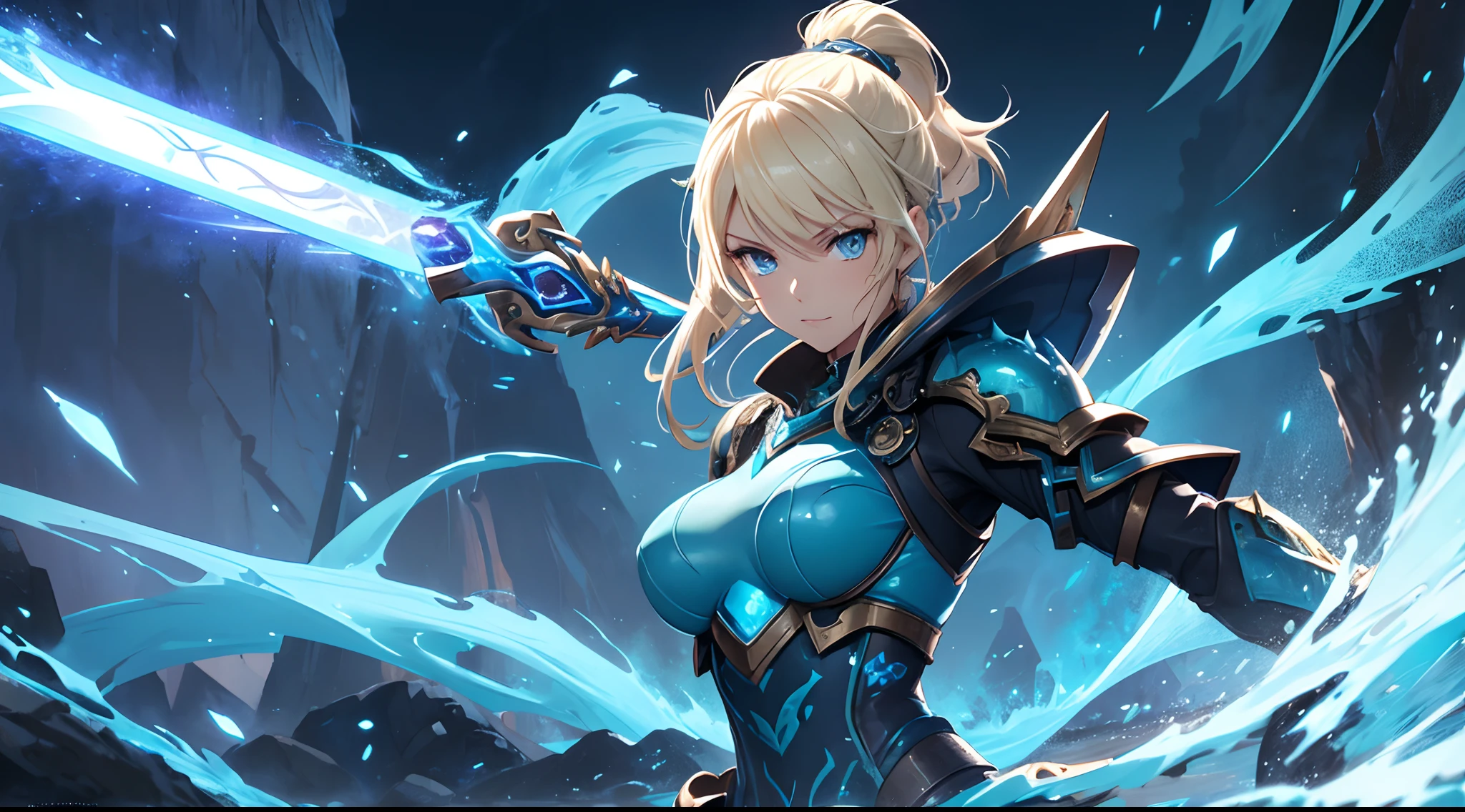 1  girl wear a Hydro Dragon Armor, Water Elemental, Steampunk Background, Aqua Aura Body, Archon Power, Blonde Hair, Dark Blue Eye, Perfect Body, Sexy, Holding Hydro Dragon Sword, Happy mood, very detailed, Fighting stance, Fantasy, Genshin Impact Style, detailed eyes, detailed face, Anime Art, Anime Style, Anime.