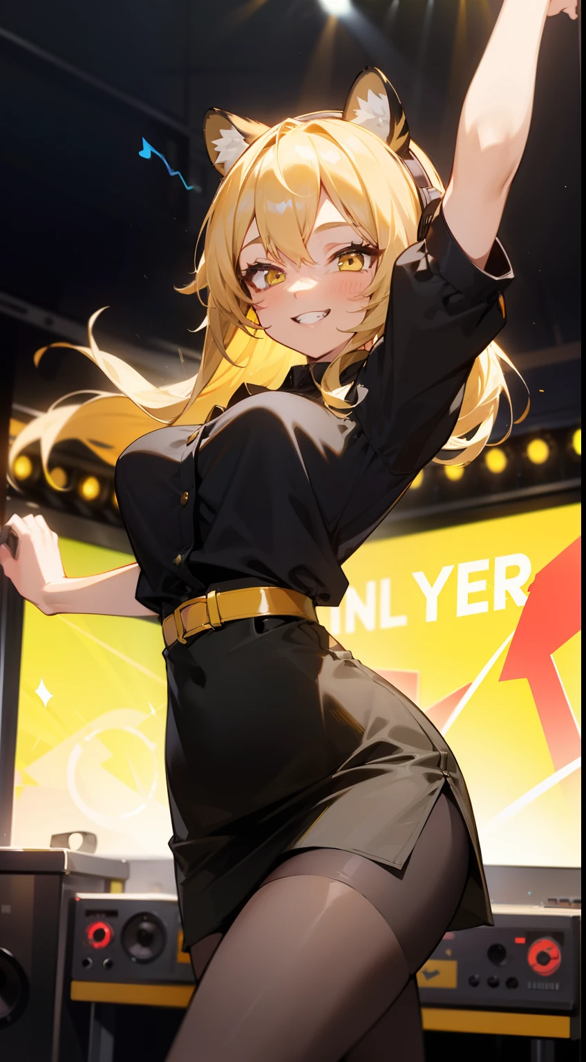 1girl ,20s,happy face,smile,teeth,black shirt,yellow skirt,black pantyhoses, medium tits,blonde hair,long hair,yellow eyes,tiger ears,((dancing in a music Studio)),cowboy shot,she has headphone