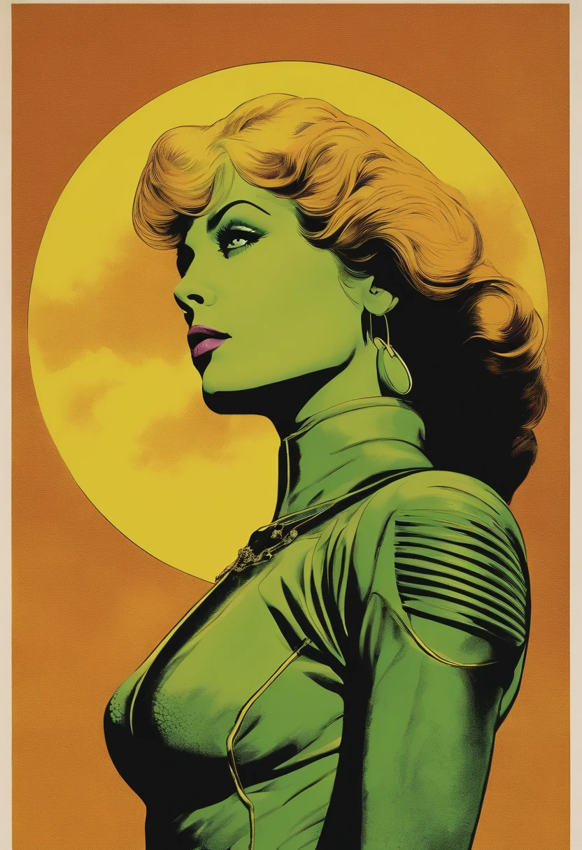 um close up de uma mulher em um traje verde e amarelo, arte da capa dos quadrinhos de heavy metal, barbarella, cinza thorp, Arte Oficial, panoramic widescreen view, Megadeth, matte staining, Anos 1970, sindicato(2012), psiônico, nebula, Directed by: Juan Gimenez, 1 9 7 0 s