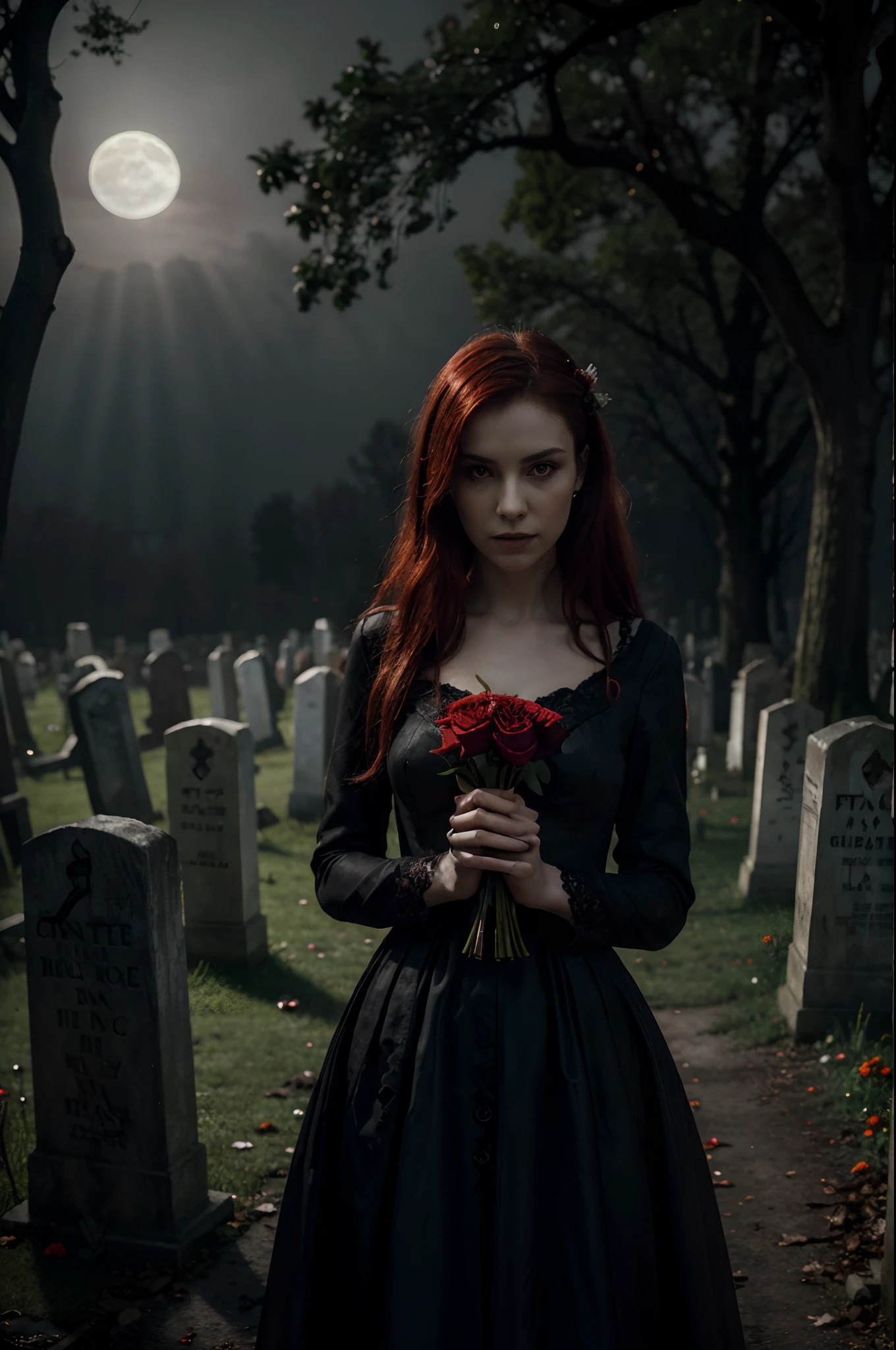 (best quality,4k,highres,masterpiece:1.2), ultra-detailed, realistic:1.37, HDR, dark fantasy, cemetery background, portraits, female vampire with fang, long dark orange-red hair, blood cup, intense gaze, pale, porcelain-like skin, flowing red dress, elegant and mysterious, standing in the moonlight, holding a bouquet of withered flowers, surrounded by tombstones and gnarled trees, moonlight casting eerie shadows, hauntingly beautiful, ethereal atmosphere, gothic aesthetic, moody lighting, deep oranges and crimson tones, intense contrast of light and dark, mist floating through the scene, a sense of mystery and darkness, a touch of romance in the air.