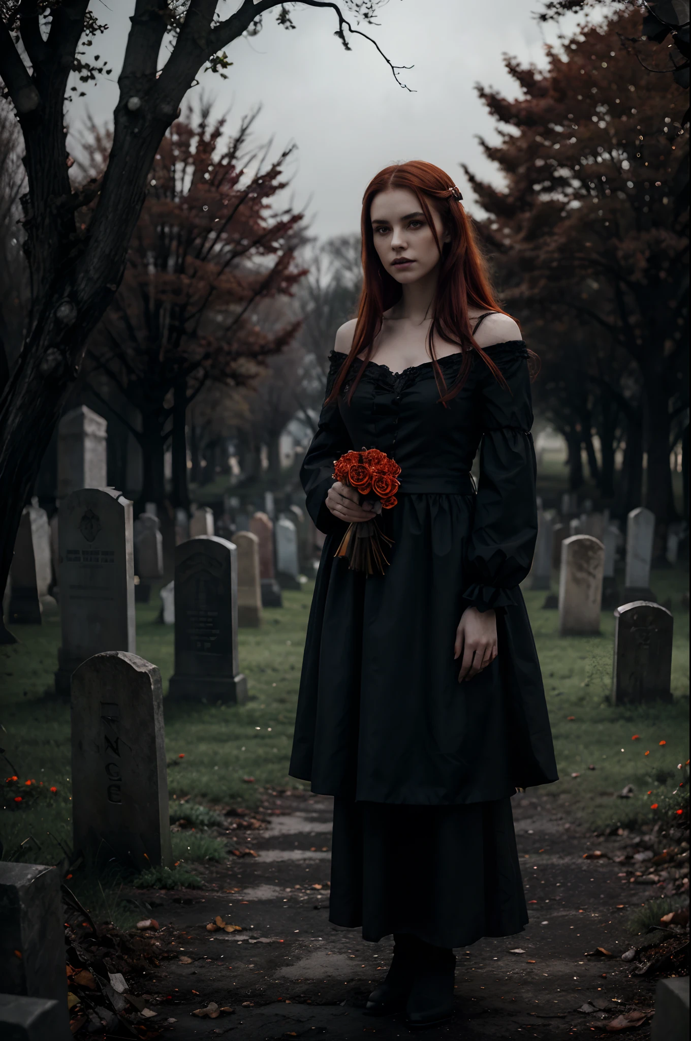 (best quality,4k,highres,masterpiece:1.2), ultra-detailed, realistic:1.37, HDR, dark fantasy, cemetery background, portraits, female vampire with fang, long dark orange-red hair, blood cup, intense gaze, pale, porcelain-like skin, flowing red dress, elegant and mysterious, standing in the moonlight, holding a bouquet of withered flowers, surrounded by tombstones and gnarled trees, moonlight casting eerie shadows, hauntingly beautiful, ethereal atmosphere, gothic aesthetic, moody lighting, deep oranges and crimson tones, intense contrast of light and dark, mist floating through the scene, a sense of mystery and darkness, a touch of romance in the air.