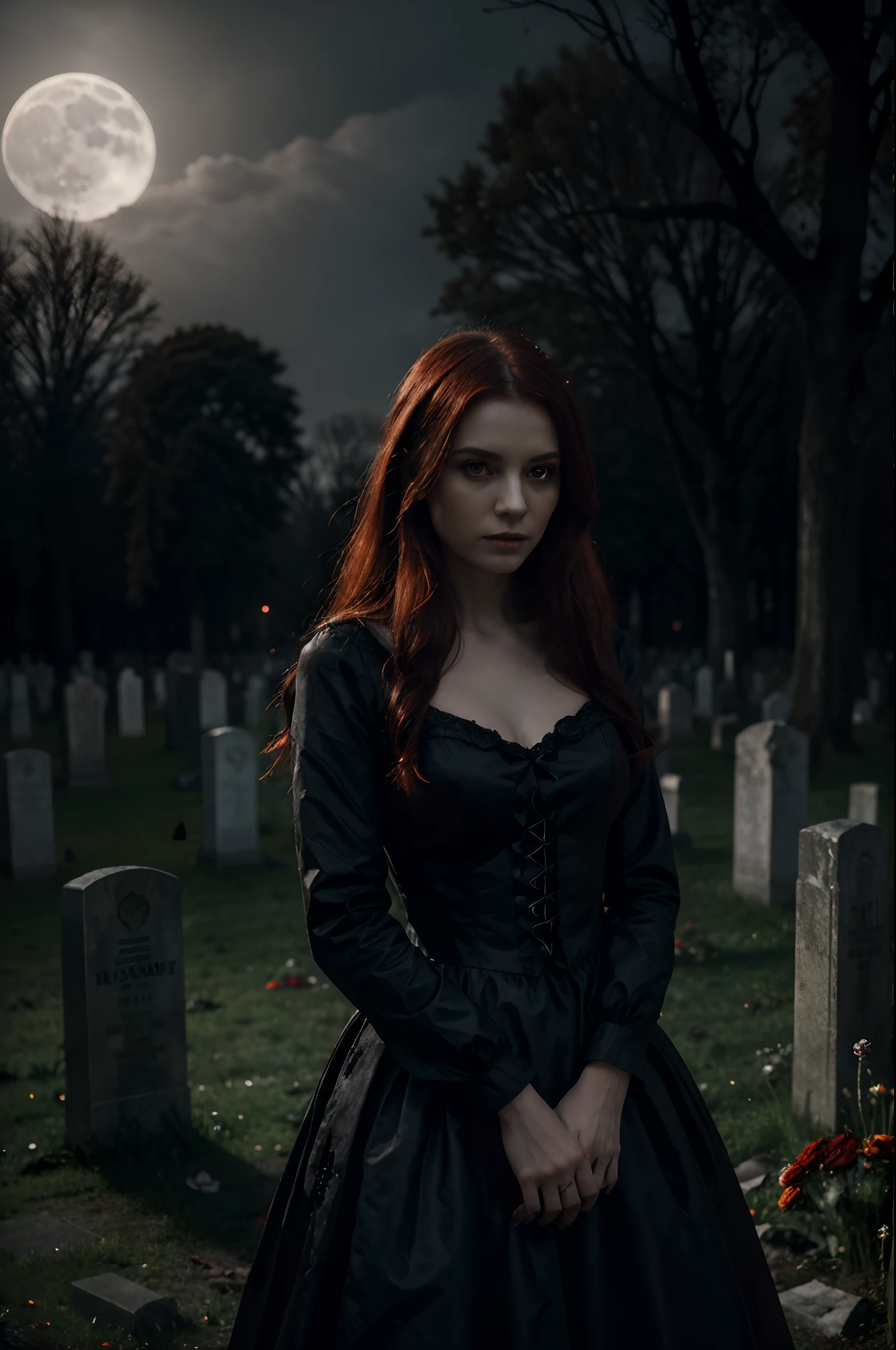 (best quality,4k,highres,masterpiece:1.2), ultra-detailed, realistic:1.37, HDR, dark fantasy, cemetery background, portraits, female vampire with fang, long dark orange-red hair, blood cup, intense gaze, pale, porcelain-like skin, flowing red dress, elegant and mysterious, standing in the moonlight, holding a bouquet of withered flowers, surrounded by tombstones and gnarled trees, moonlight casting eerie shadows, hauntingly beautiful, ethereal atmosphere, gothic aesthetic, moody lighting, deep oranges and crimson tones, intense contrast of light and dark, mist floating through the scene, a sense of mystery and darkness, a touch of romance in the air.