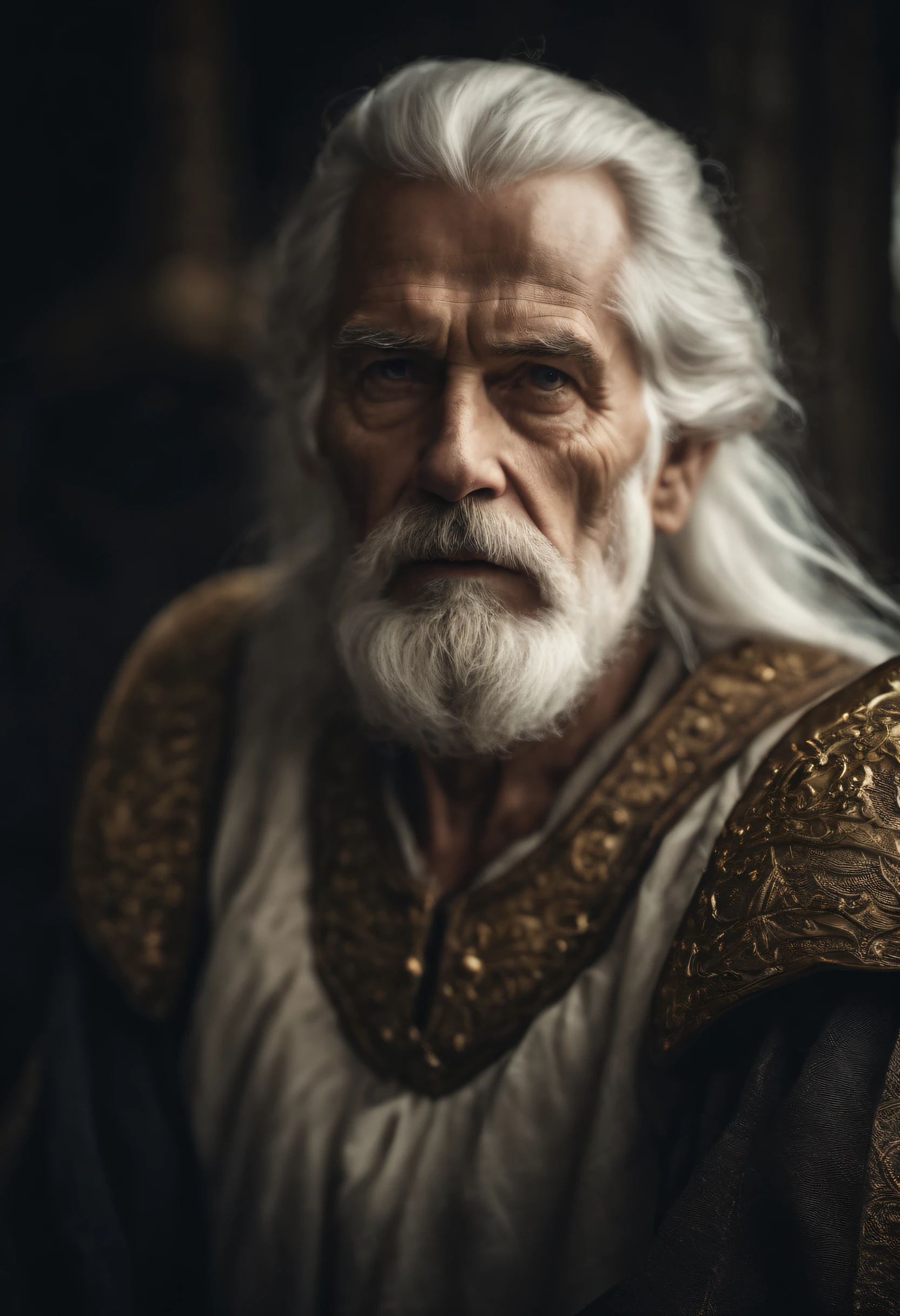 Old Man King with White Hair and Serious Face, era Medieval, com sua coroa de ouro